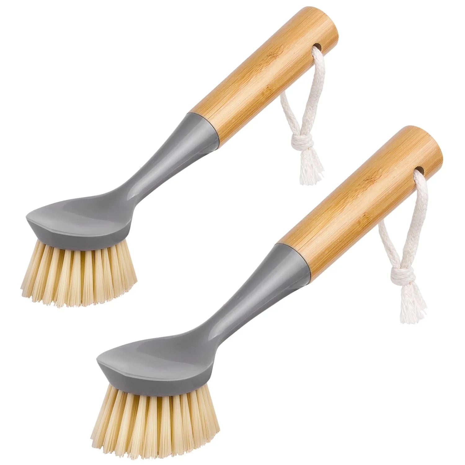 Dish Brush with Bamboo Handle Built-In Scraper, Scrub Brush for Pans, Pots, Kitchen Sink Cleaning, 2 Pack