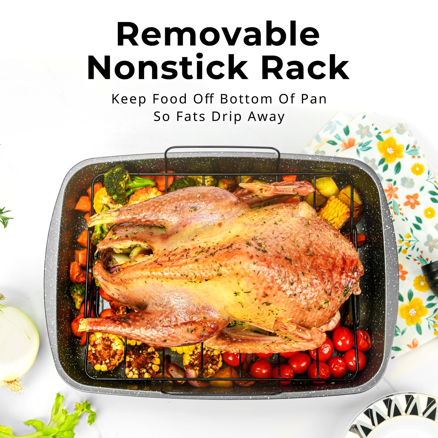 Rectangle 18.9" Non-Stick Carbon Steel Grey with Speckle Roaster Pan & Wire Rack Gauge on 0.5 Mm Thickness