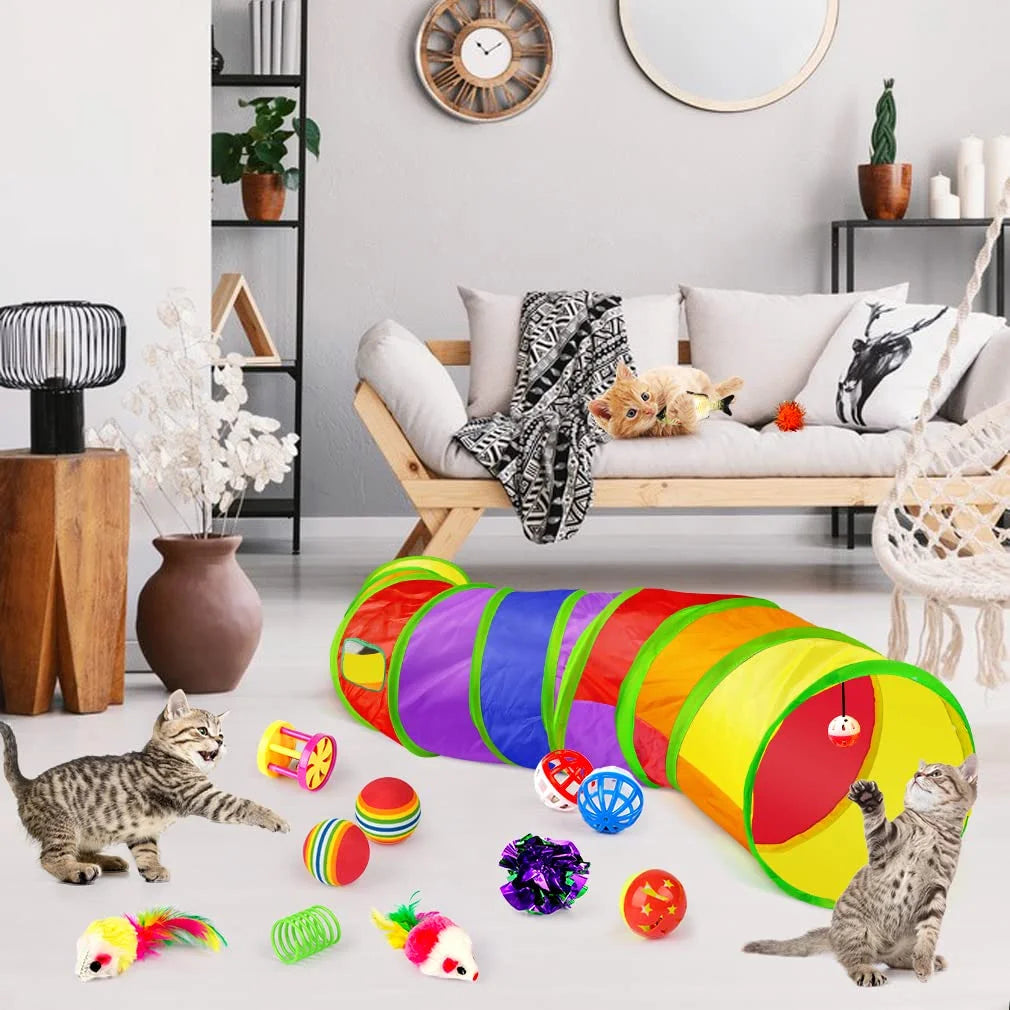 32-Piece Interactive Cat Toy Set with Catnip, Rainbow Tunnel, Feather Teasers, and Spring Toys for Kittens and Cats