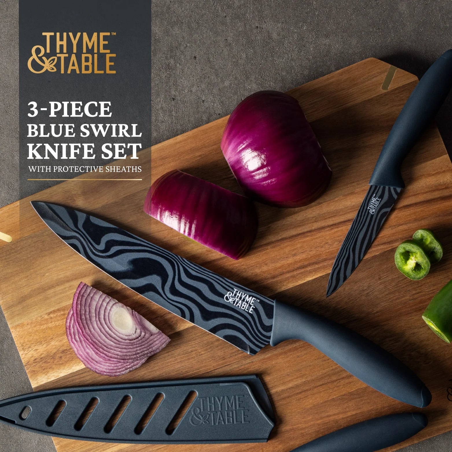 3-Piece Stainless Steel Blue Swirl Knife Set with Protective Sheaths