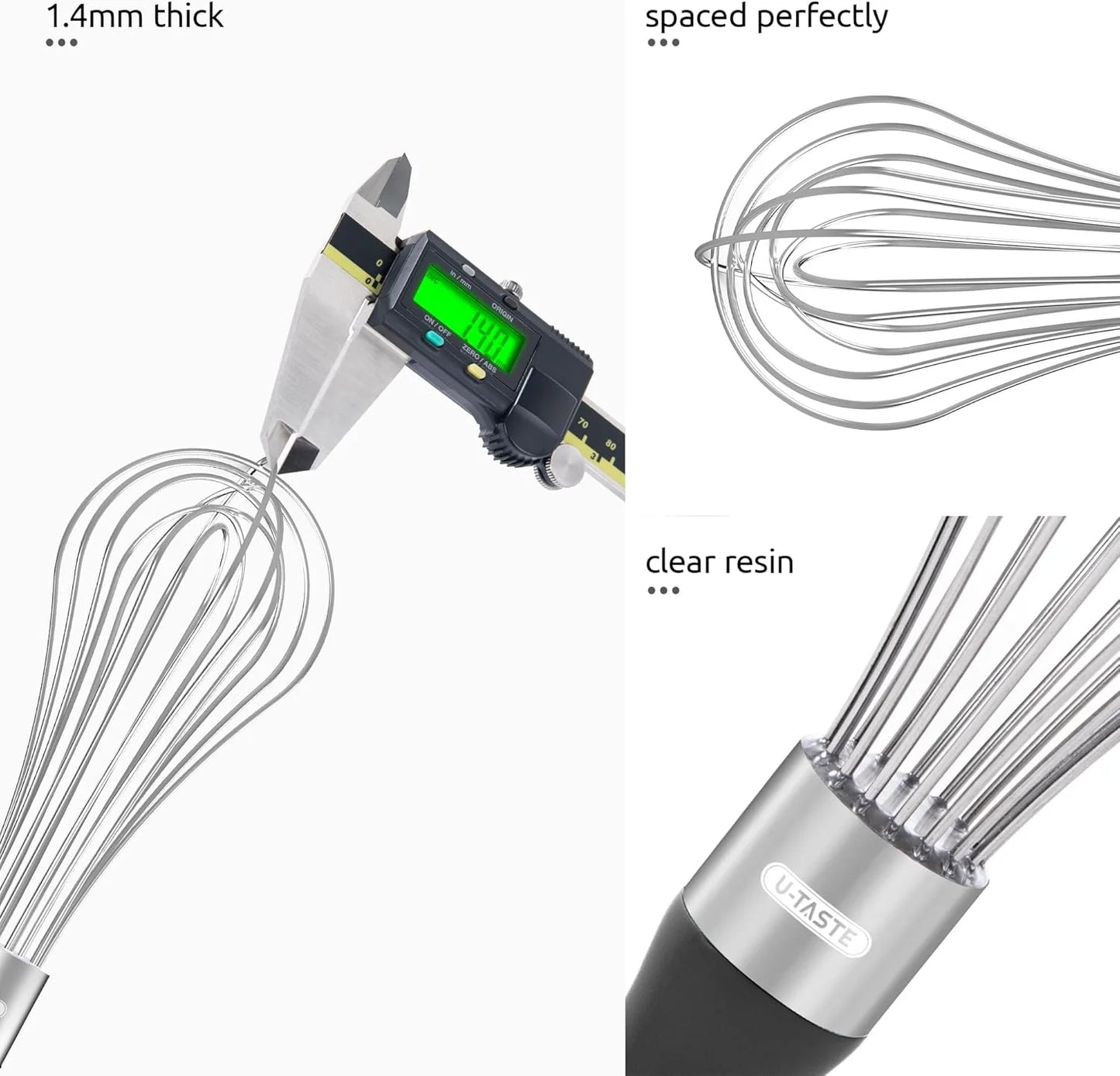 Balloon Whisk for Cooking: 18/10 Stainless Steel Kitchen Wire Whisk, Medium Heavy Duty Egg Beater, Manual Baking Mixing Tool with 8 High Flex Wires for Stirring, Blending Sauce (Black)