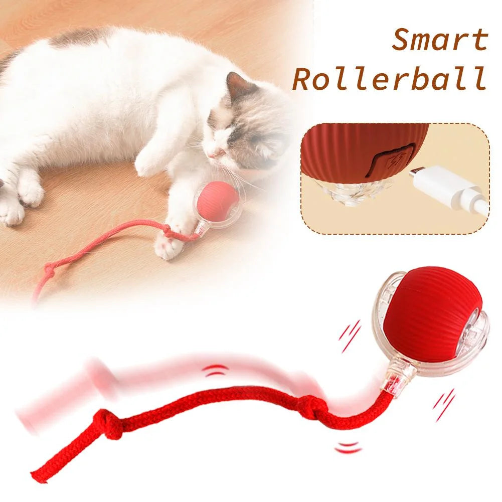 Interactive Cat Toy Ball - Motion Activated Electric Rolling Toy with LED Rainbow Lights, Automatic On/Off, Long Tail, USB Rechargeable, and 3 Working Modes