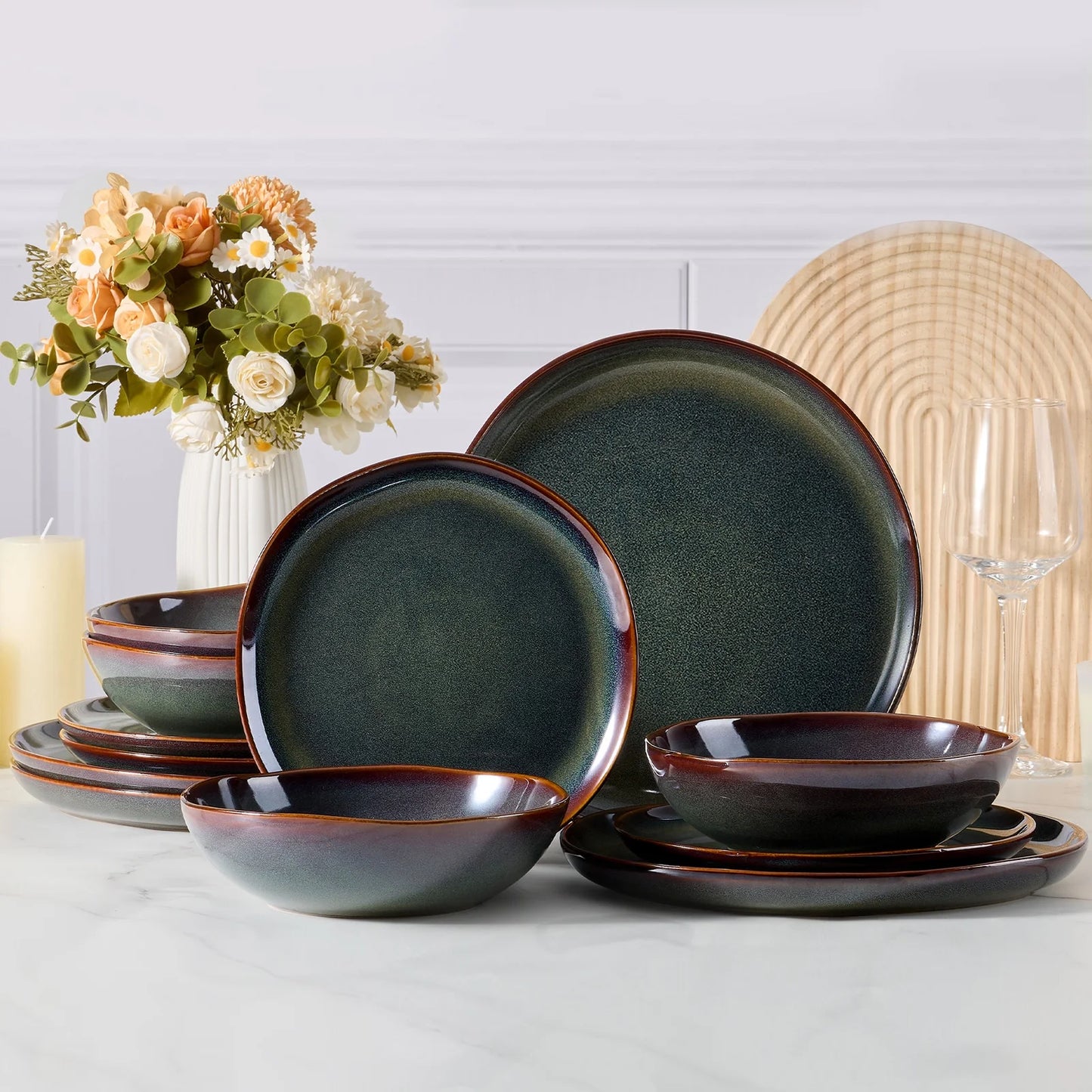 Dinnerware Set for 4, 12 Pieces Premium Stoneware Plates and Bowls Set, Handmade Reactive Glaze Dishes for Home, Chip & Scratch Resistant, Microwave and Dishwasher Safe - Forest Green