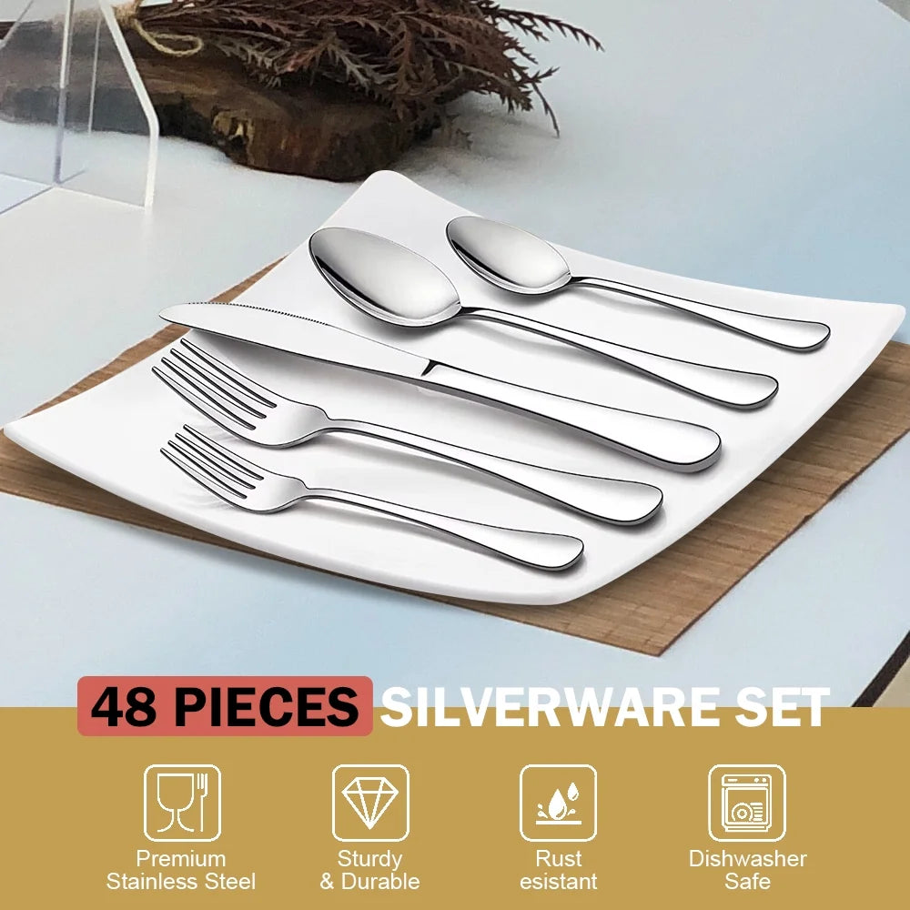 48-Pieces Silverware Set for 8, Stainless Steel Flatware Cutlery Utensil Set Forks and Spoons, Kitchen Tableware Set