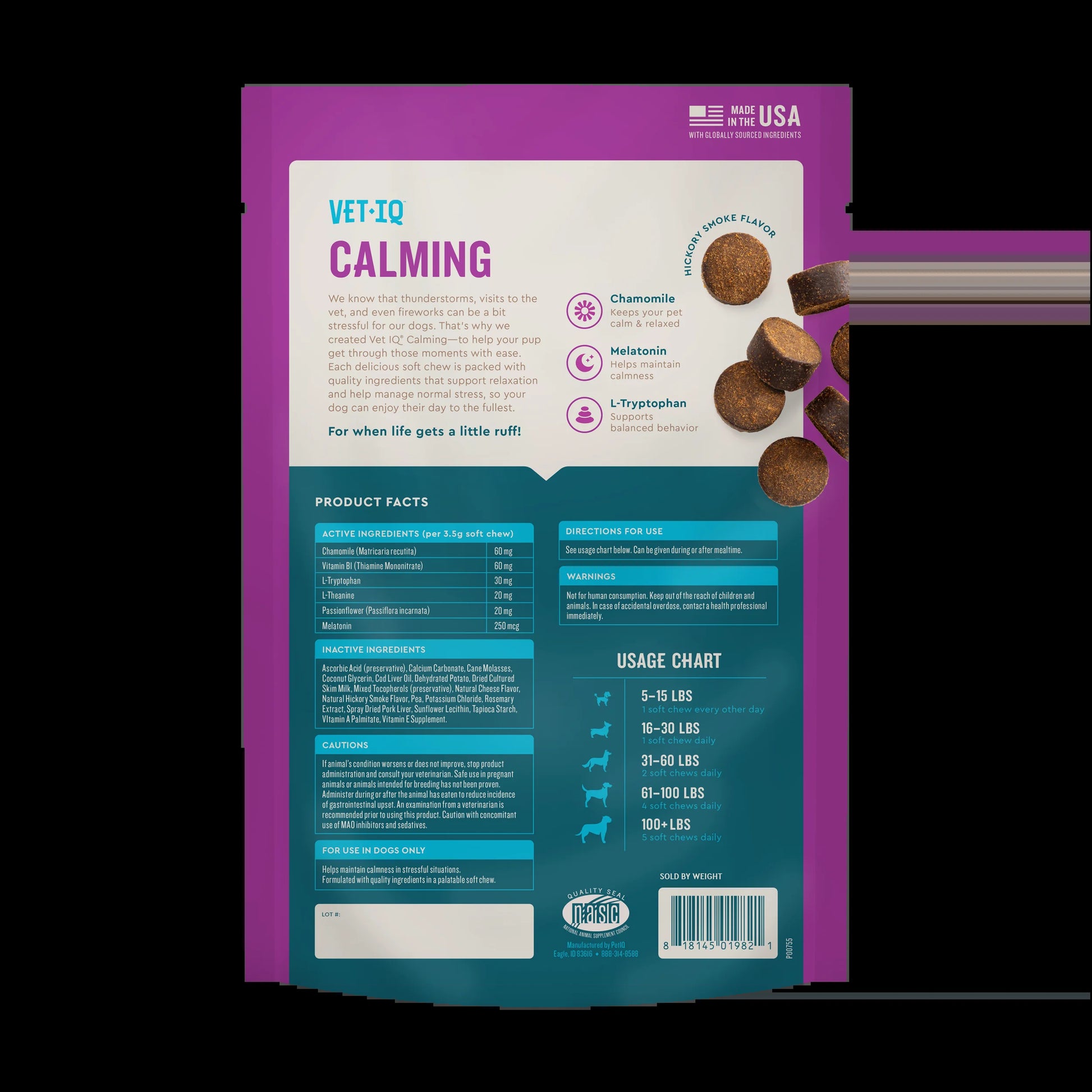 Calming Support Supplement Soft Chews for Dogs, Hickory Smoke Flavored Soft Chews, 60 Count