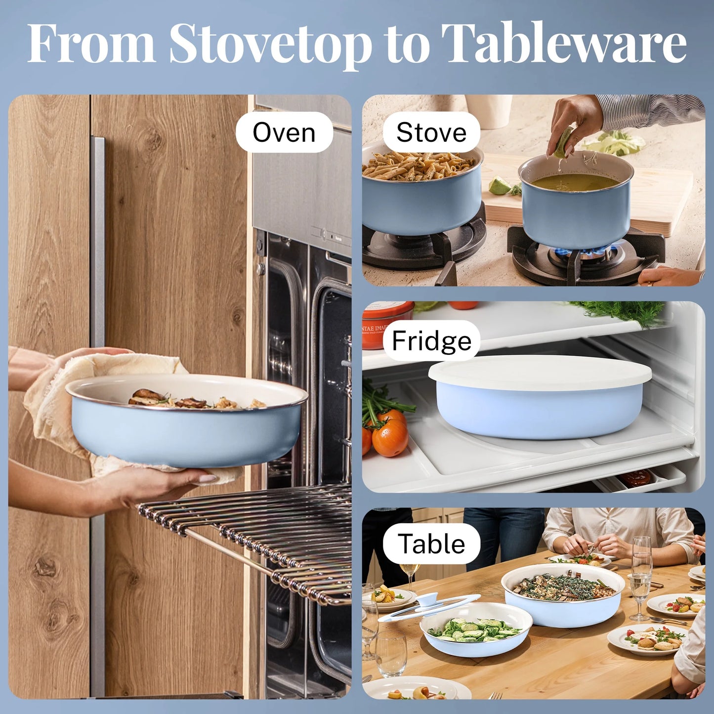 18-Piece Non-Stick Ceramic Cookware Set with Detachable Handles - RV Kitchen Essentials, Oven Safe, Blue