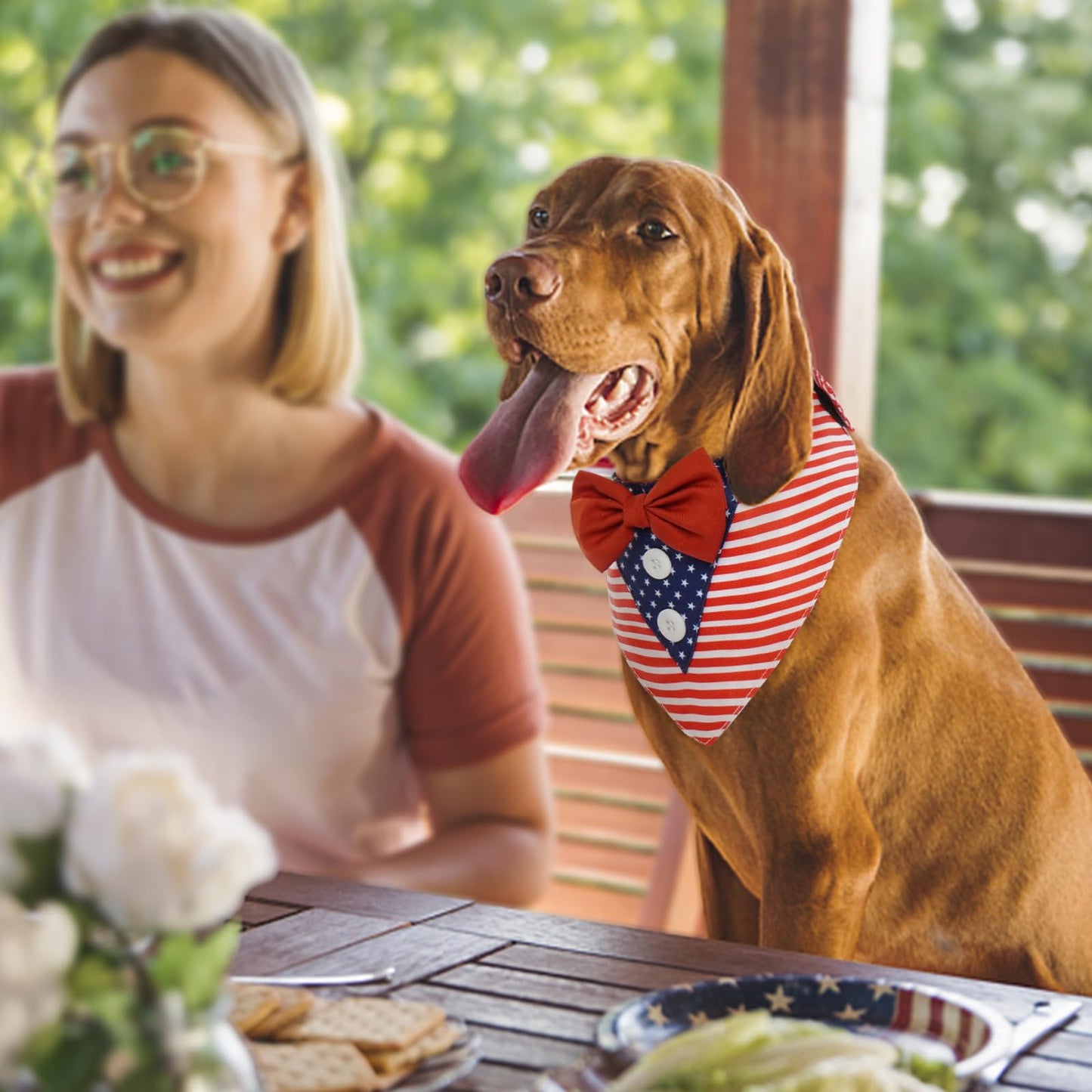FUAMEY Independence Day Dog Scarfs 4th of July American Flag Triangle Bibs with Bow Tie