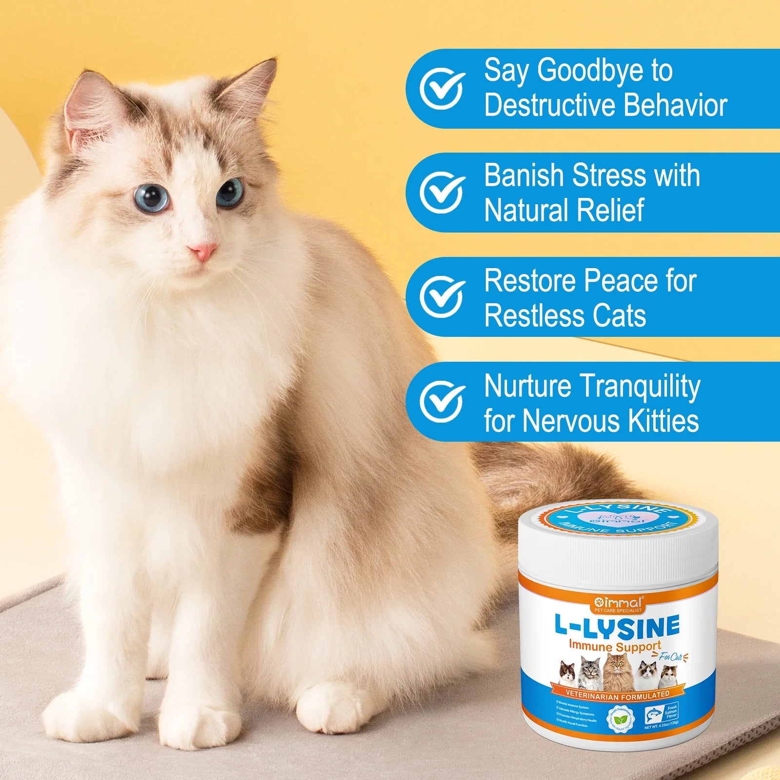 L-Lysine Powder for Cats, Cat L-Lysine Supplement Powder for Sneezing and Runny Nose, Cat Cold, Cat Immune Support, Eye Function & Respiratory Health 120G (Salmon Flavor)