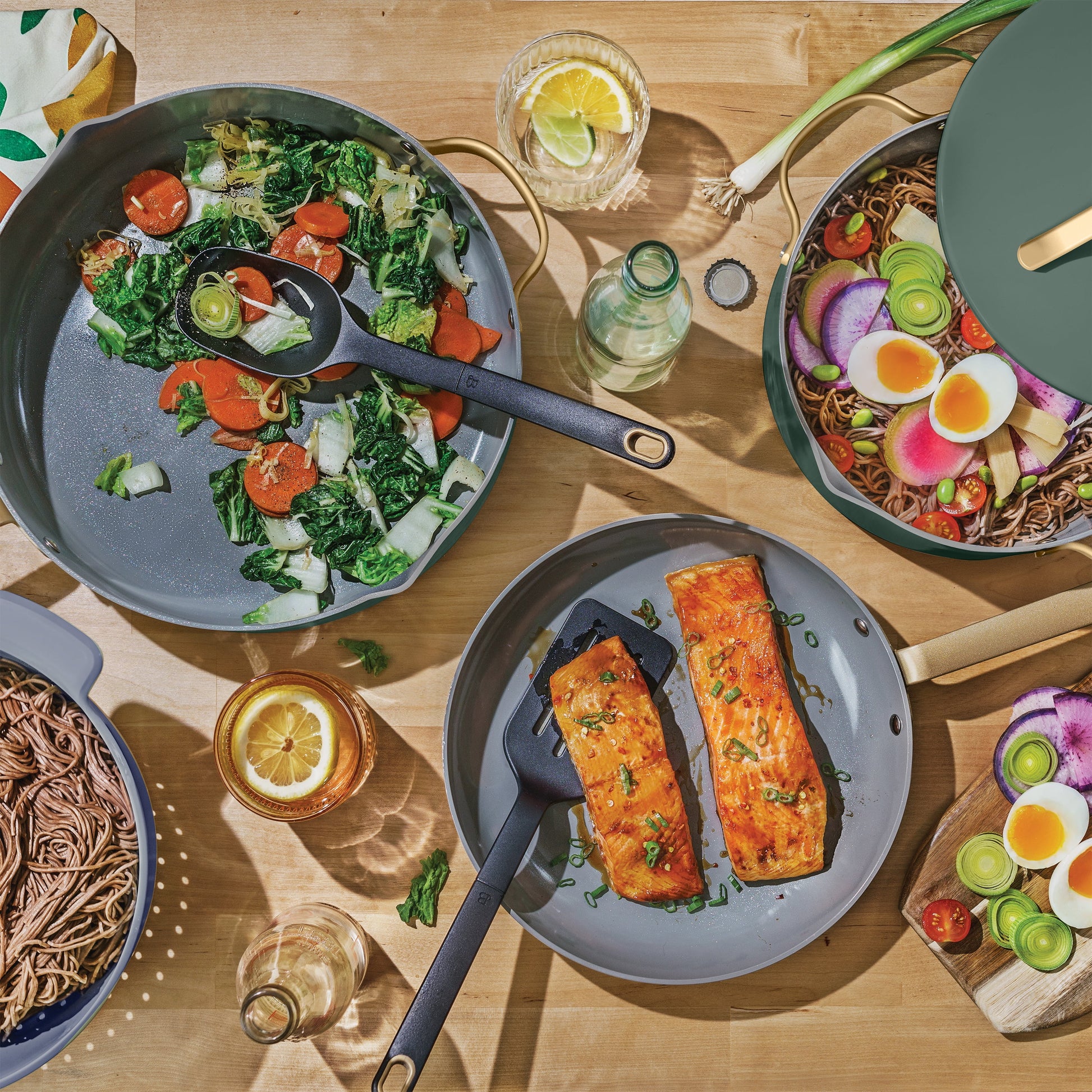 12Pc Ceramic Non-Stick Cookware Set, Pots and Pans with Strainer Lids, Thyme Green by Drew Barrymore