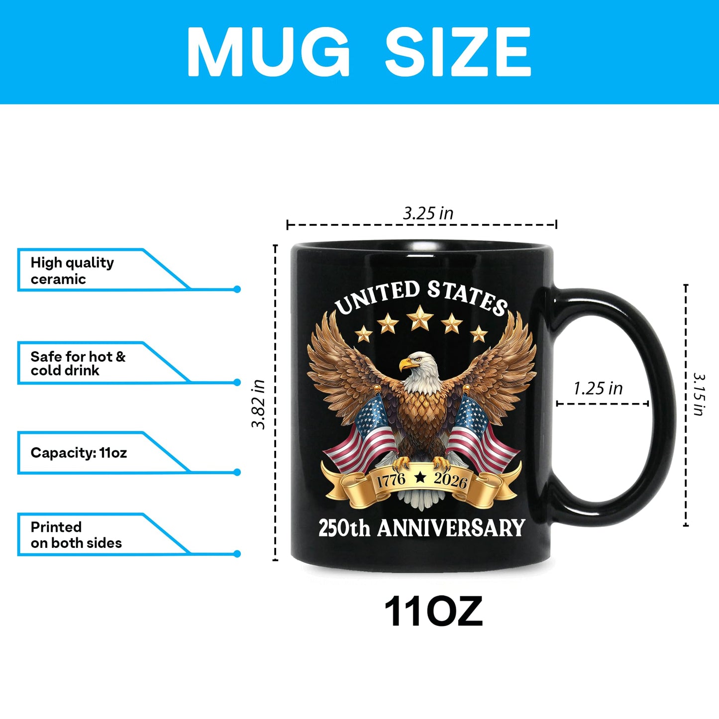 Hyturtle 250th Anniversary of America Coffee Mug, 250th Anniversary USA Mug, US Eagle Gifts for Men, Women, American Flag 1776-2026 Patriotic Keepsake, American USA Flag Black Coffee Tea Cup