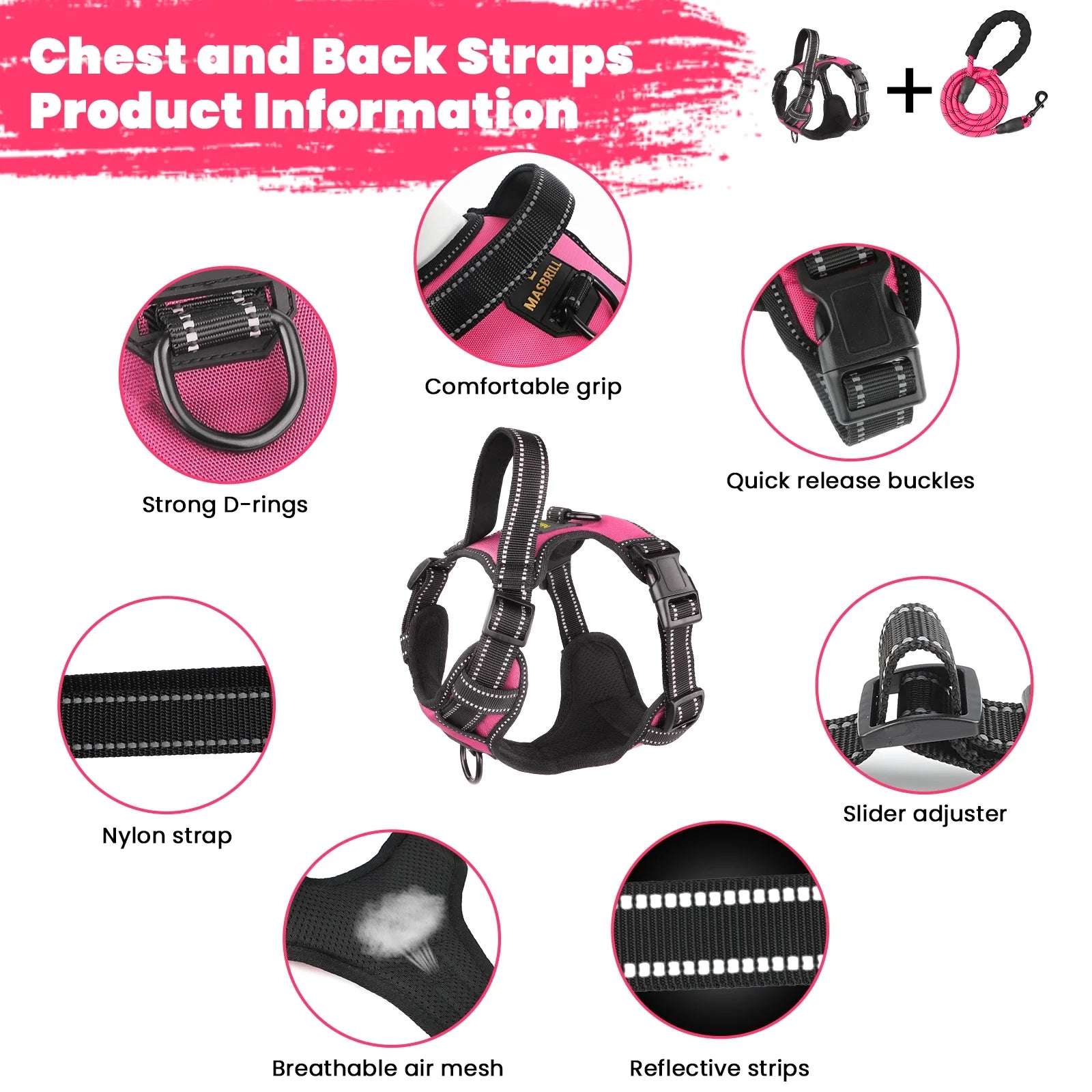 Adjustable No-Pull Dog Harness and Leash Set with Reflective Soft Padding and Handle for Small to Large Dogs