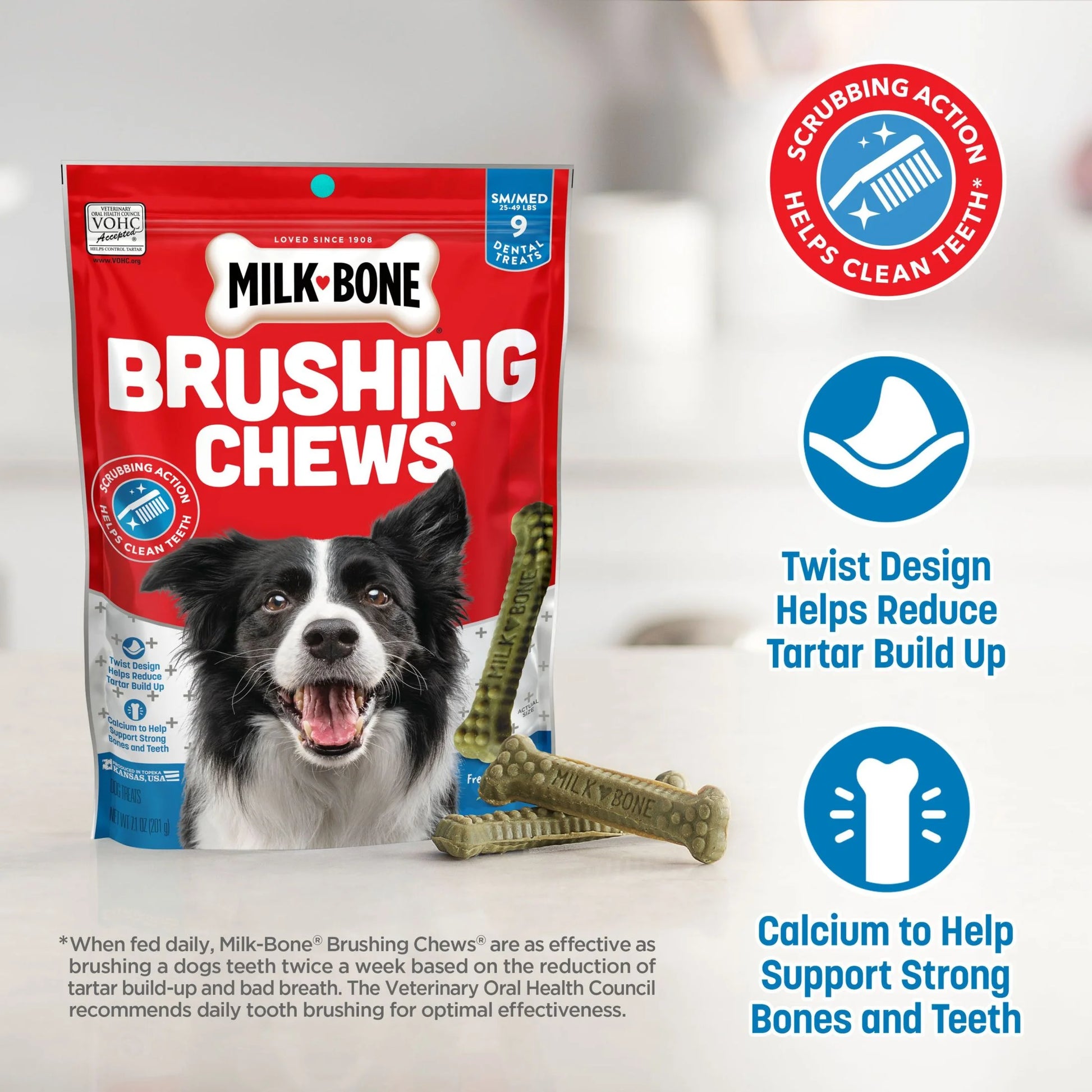 Milk Bone Brushing Chews Daily Dental Dog Treats, Fresh Breath, Small/Medium, 7.1 Oz Bag, 9 Bones per Bag