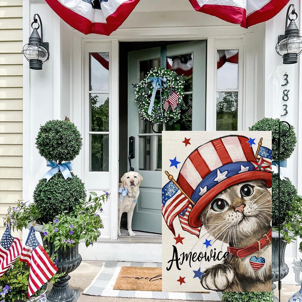 CROWNED BEAUTY 4th of July Patriotic Cat Garden Flag 12x18 Inch Double Sided Small Burlap for Outside Independence Day Holiday Yard Flag CF1582-12