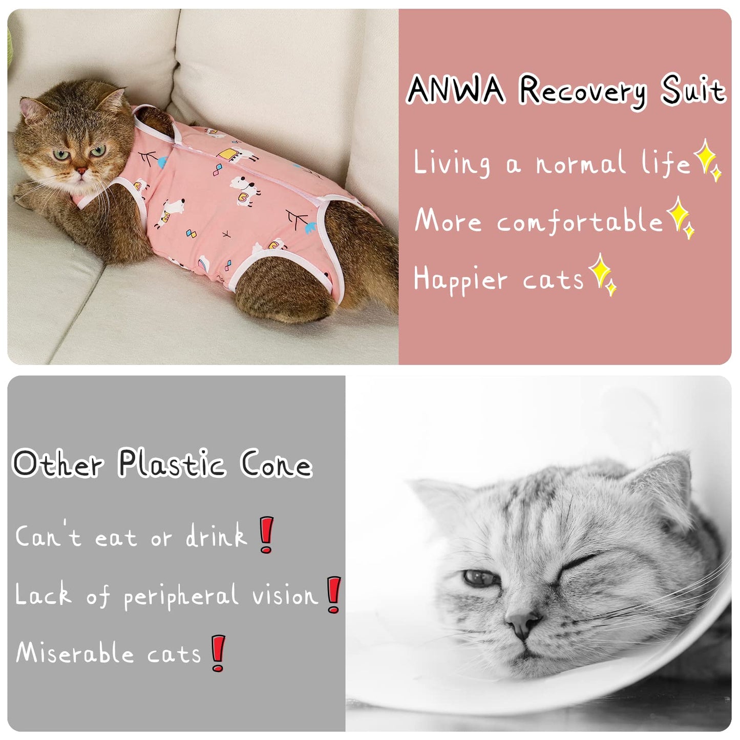 ANWA 2 Pack Cat Recovery Suit - Breathable Cat Onesie for Cats After Surgery Female, Kitten Surgery Recovery Suit Female Abdominal Wounds