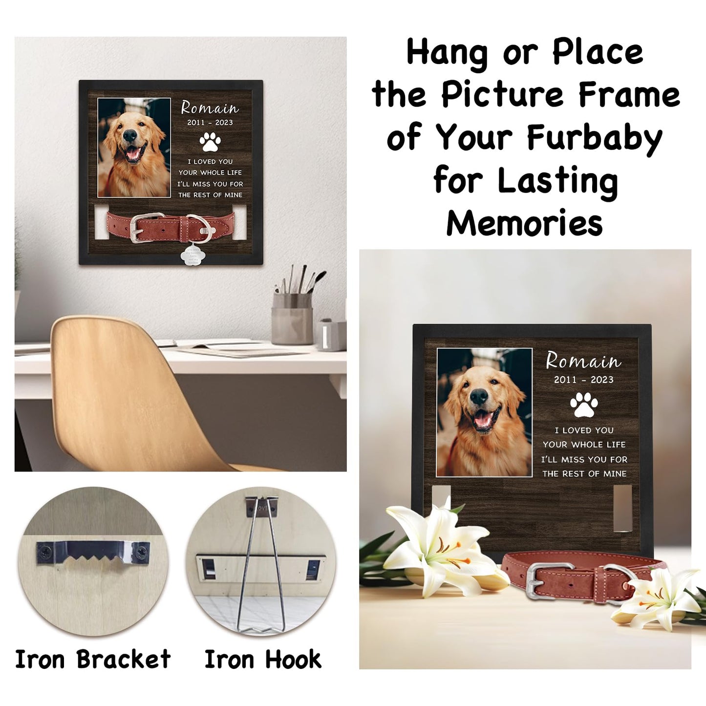 PUREFLY Personalized Pet Picture Frame Memorial Gifts for Loss of Dog- Fits 3 Collar Lengths, in Memory of Dog Passing Away Sympathy Gifts, Cat Memorial