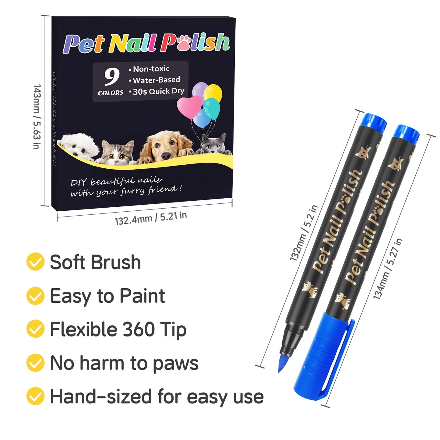 Cherocito Dog Nail Polish Pens Quick Dry,9 Colors Safe Dog Nail Polish Set to DIY Pretty Nails, Ideal Gifts for Dogs Cats Light Dark Nails, Odorless, Non-Toxic, Water-Based Pet Nail Accessories Set