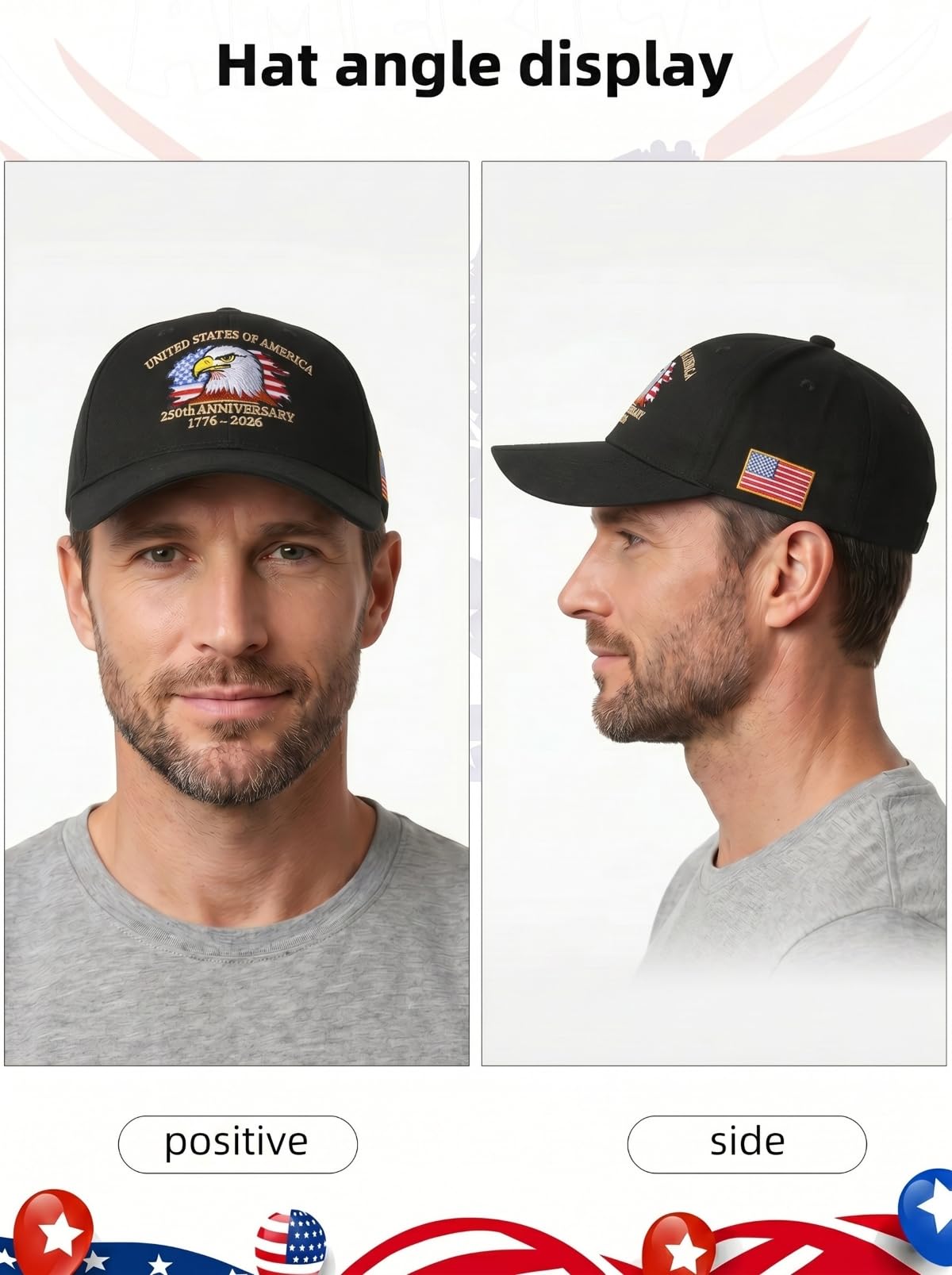 250th USA Anniversary hat,Patriotic Eagle Pattern Adjustable 250th Anniversary Vintage Embroidered Baseball Cap, Unisex (Black)
