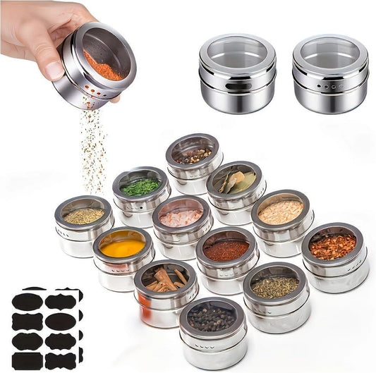 Special Offer! Set of 12 Stainless Steel Spice Jars, Magnetic Condiment Containers with Clear Lids, Spice Storage Tin with Holes for Pouring and Sifting