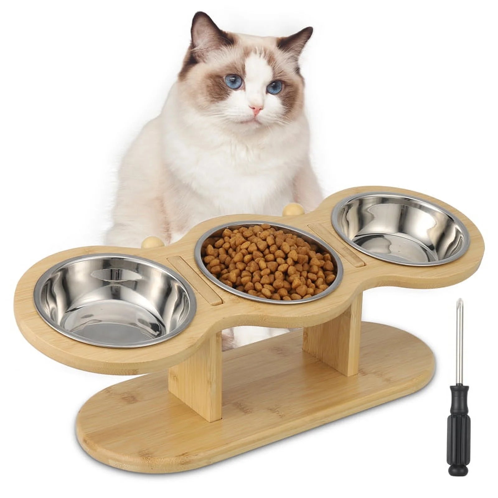 Wooden Elevated Cat Bowls, 15° Tilted Raised Pet Food Bowls, Adjustable Cat Dog Bowl Feeding Station with 3 Stainless Steel Bowls for Cats Puppy Small Dogs Feeder