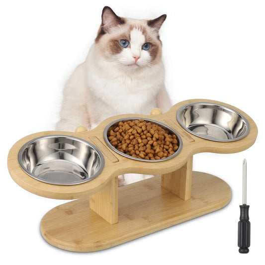 Wooden Elevated Cat Bowls, 15° Tilted Raised Pet Food Bowls, Adjustable Cat Dog Bowl Feeding Station with 3 Stainless Steel Bowls for Cats Puppy Small Dogs Feeder