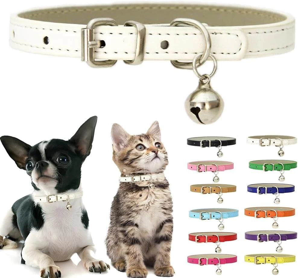 Adjustable PU Leather Cat and Dog Collar with Bell for Extra Small to Medium Pets