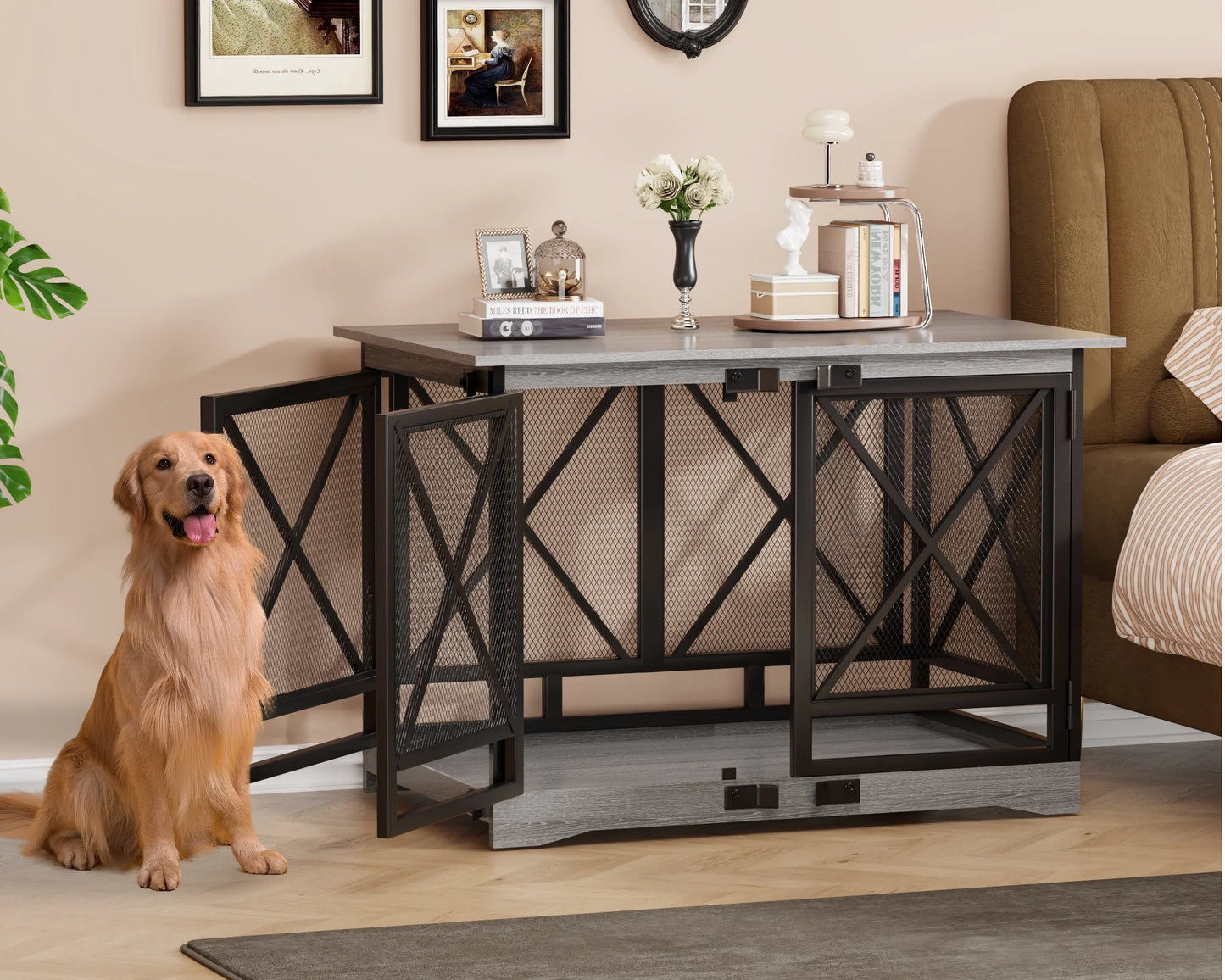 48-Inch Extra-Large Wooden Dog Crate with Double Doors, Indoor Kennel and End Table, Anti-Chew and Anti-Escape Design, Gray