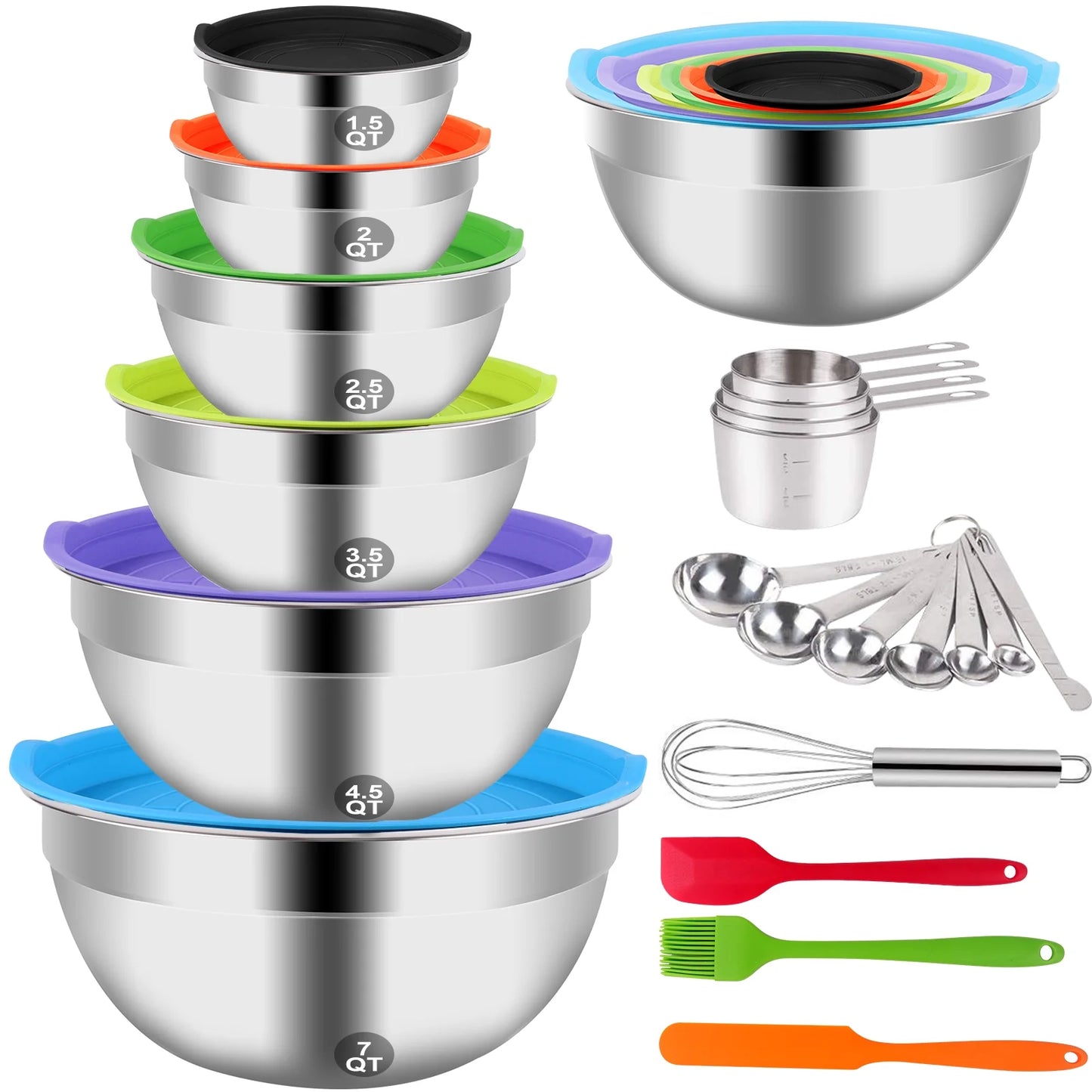 Mixing Bowls with Lids Set, 23 Pcs Kitchen Utensils Stainless Steel Nesting Bowls, Measuring Cups Spoons, 12 Reusable Silicone Stretch Lids Non-Slip Mat Egg Whisk for Baking Cooking by