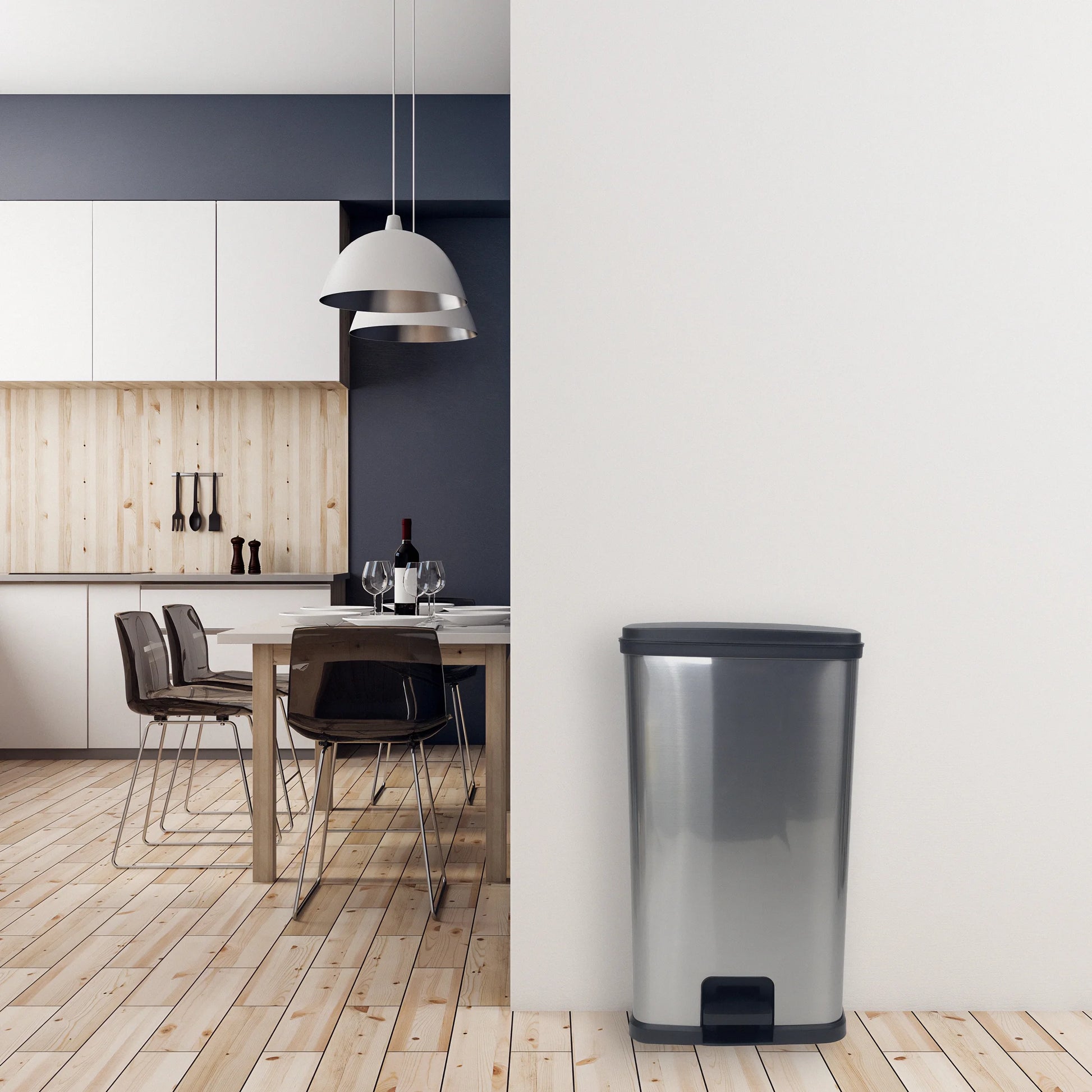 Kitchen Trash Can, 13 Gallon, Plastic Rectangular Step Garbage Bin, Silver