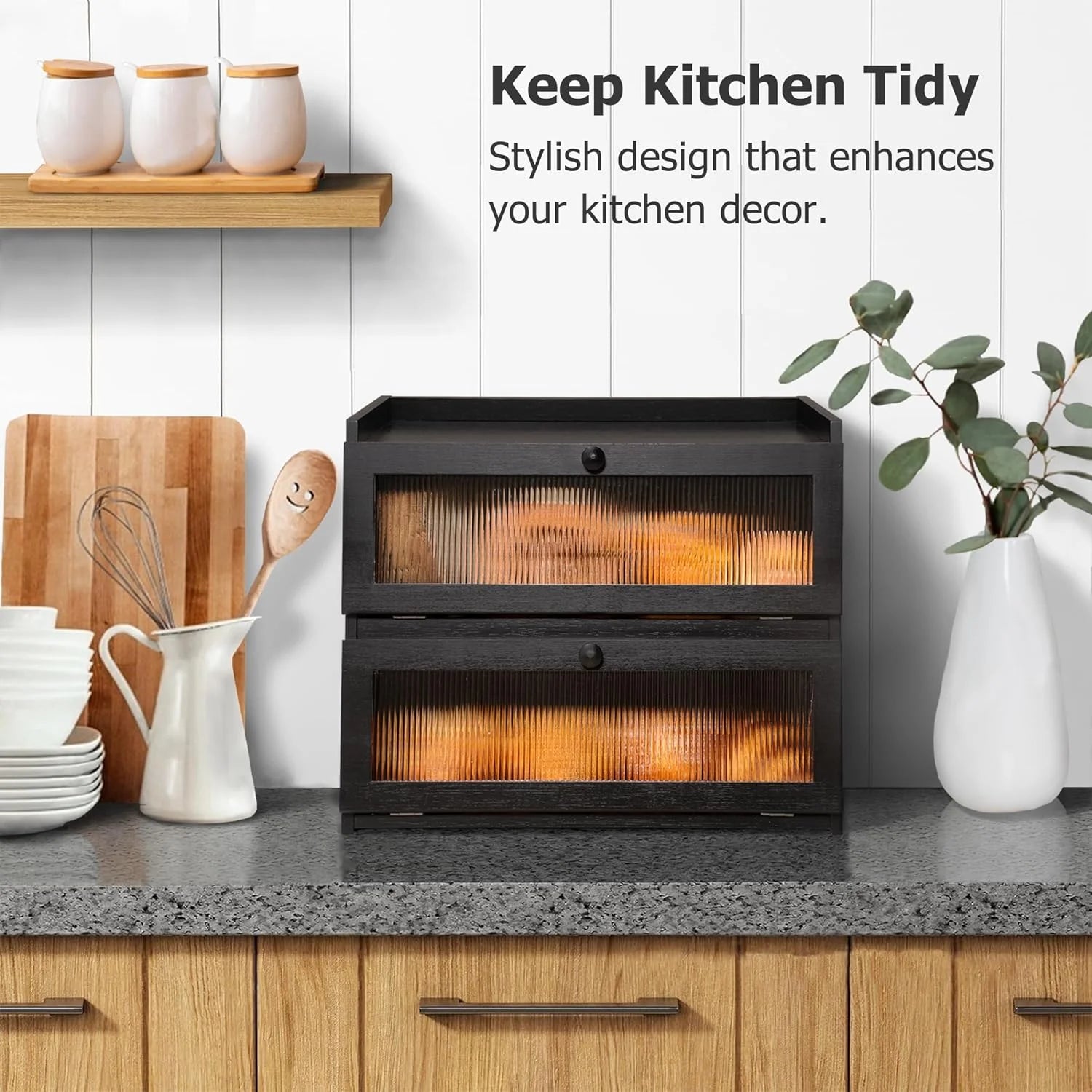 Pure Bamboo Bread Box, Roomy Two-Layer Breadbox for Kitchen Counters, Easy to Assembly Bread Storage Container (Black)