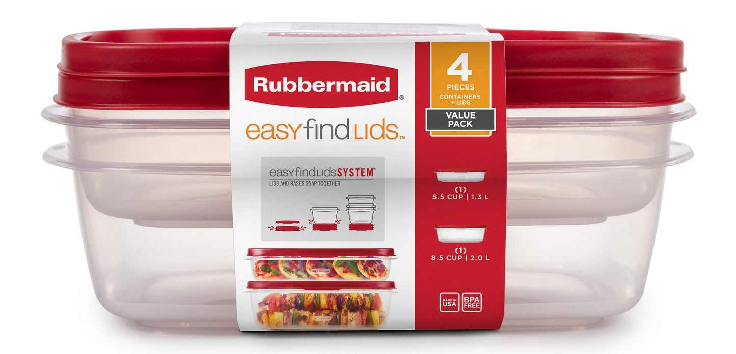 Easyfindlids Food Storage Container Value Pack with Lids, 1-8.5 (2.0 Liter) Cup, 1-5.5 Cup (1.3 Liter)