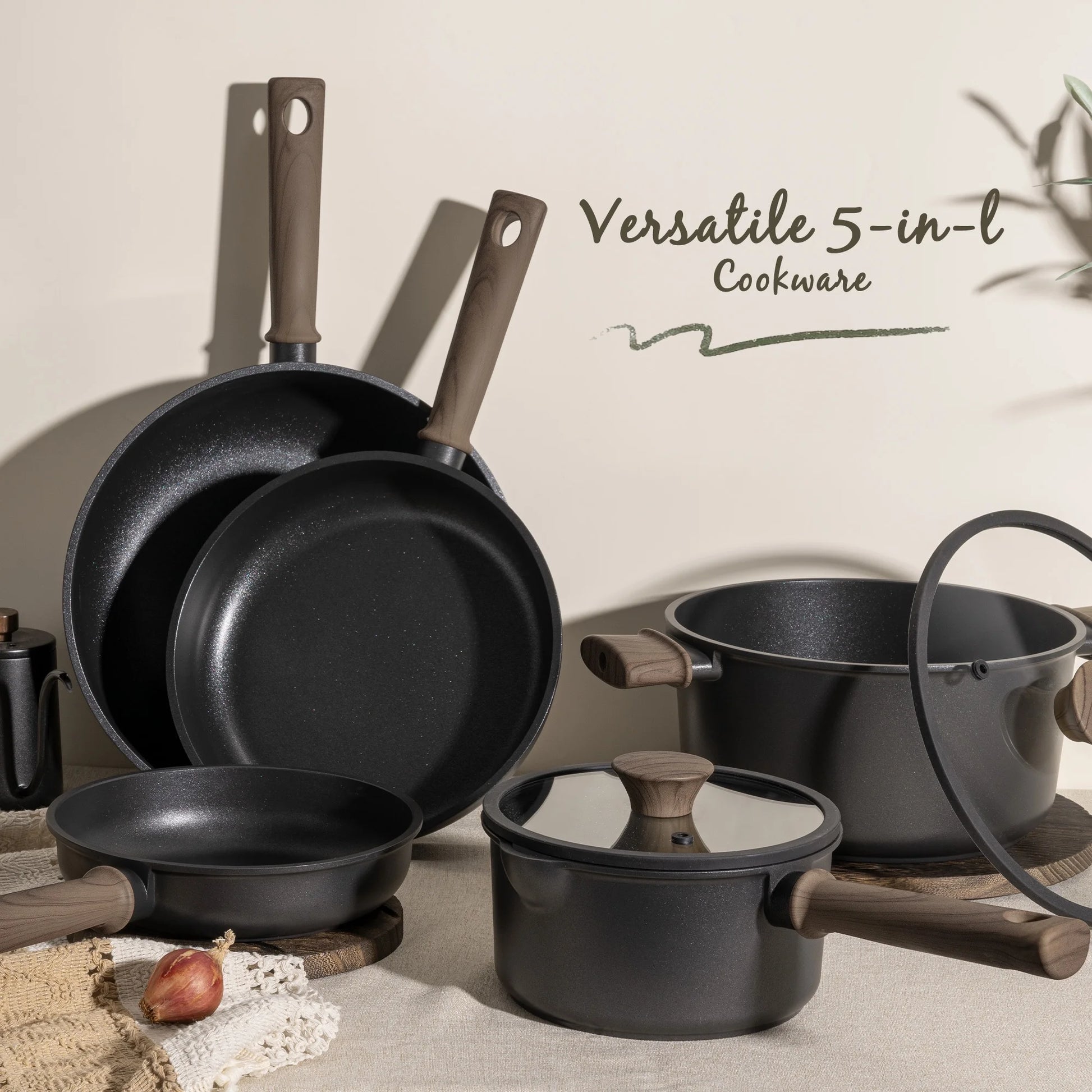 18-Piece Pots and Pans Set, Nonstick Cookware Set with Elegant Wooden Handle, Oven Safe to 480°F, Induction Compatible, Kitchen Cooking Set for RV Trips, Camping and Picnic, Black