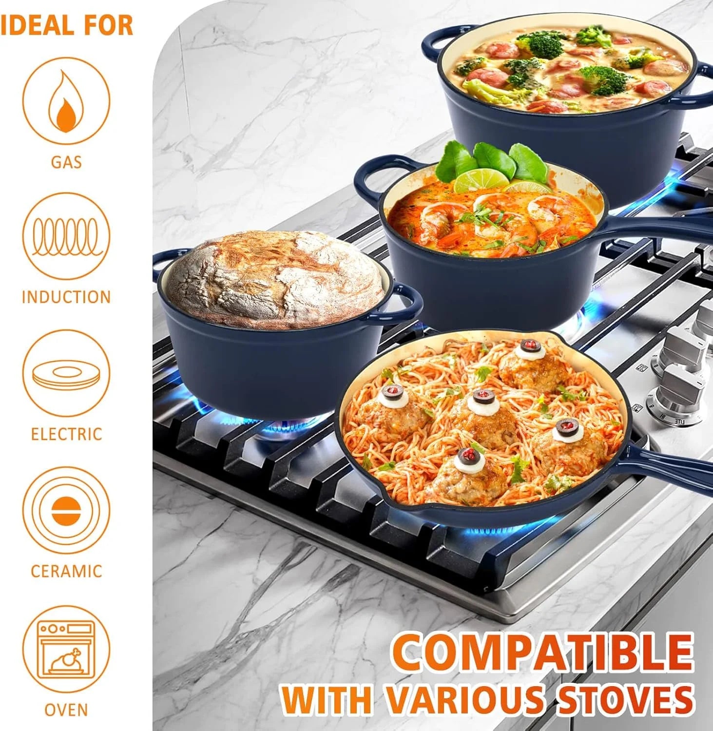 Enameled Cast Iron Cookware Set, 7 Piece Set of Dutch Ovens, Sauce Pan, Skillet, 3 Lids, Dutch Oven Set, Nonstick Ceramic Coated, Gas/Induction Compatible, PFA Free, Come with Organizer, Navy