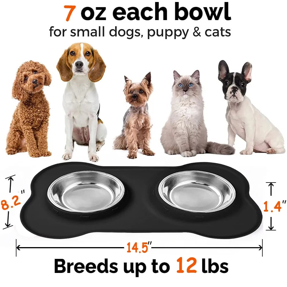 Dog Bowls, Double Dog and Cat Bowls with Anti-Overflow and Anti-Skid Food Mat, Small Dog and Cat Feeding Water and Bowls, 14.00 X 8.20 X 1.10 Inches