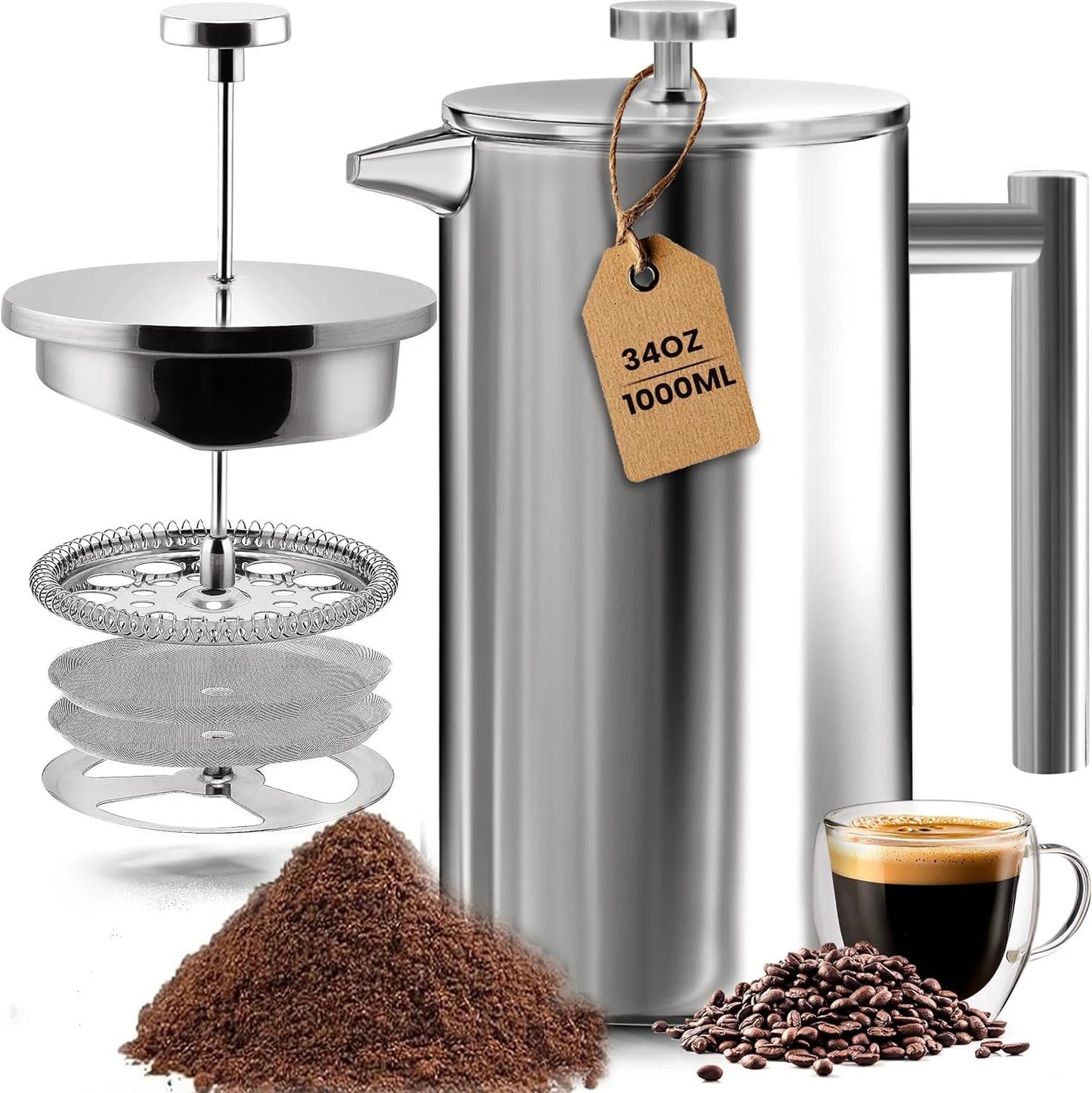 French Press Coffee Maker,  304 Grade Stainless Steel Insulated Coffee Press with 2 Extra Screens, 34Oz