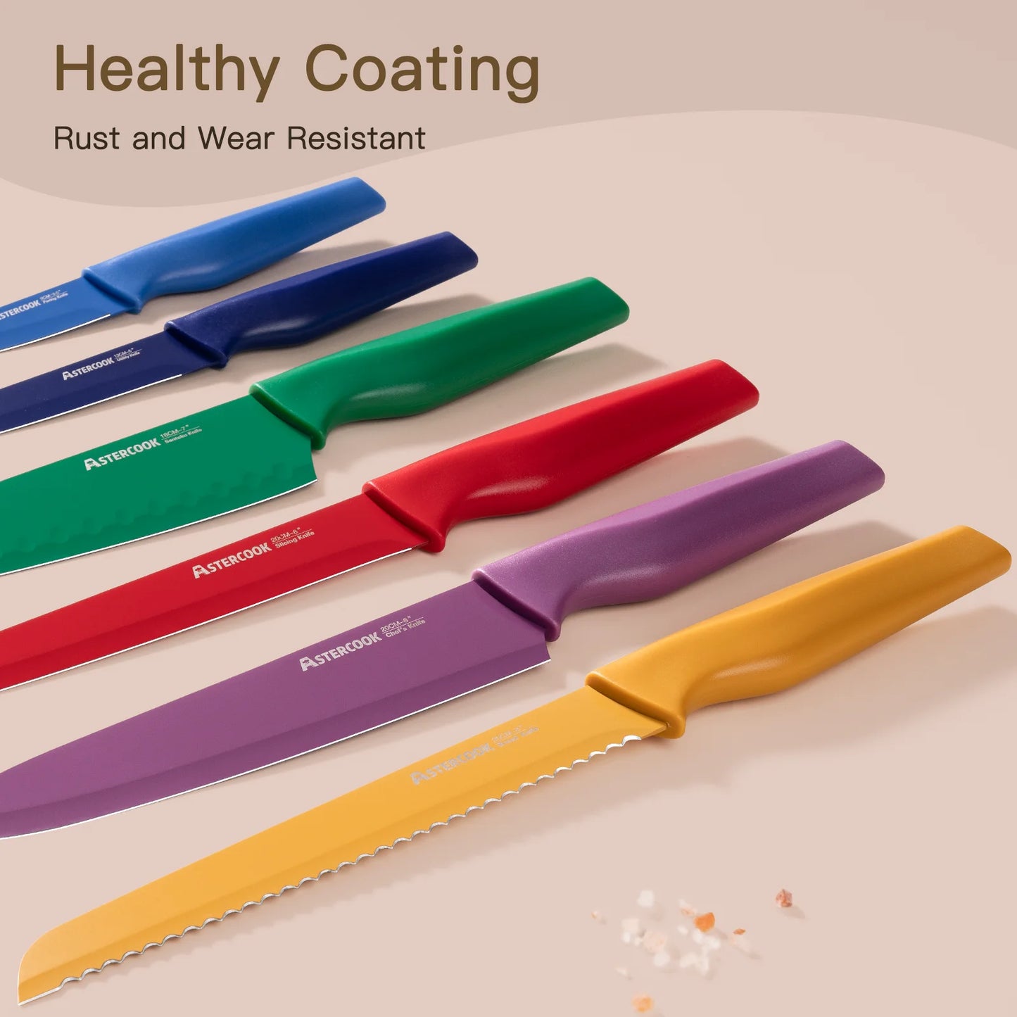 6 Piece Color-Coded Kitchen Knife Set, Stainless Steel Chef Knives with 6 Anti-Rust Coating Blades and Blade Guards, Dishwasher Safe