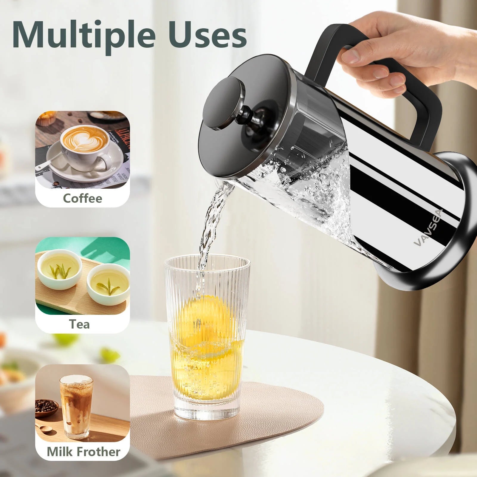 Double Wall French Press Coffee Maker, 35Oz Coffee Press with Thicken Borosilicate Glass & 304 Stainless Steel for Travel & Home Use, Dishwasher Safe, Silver