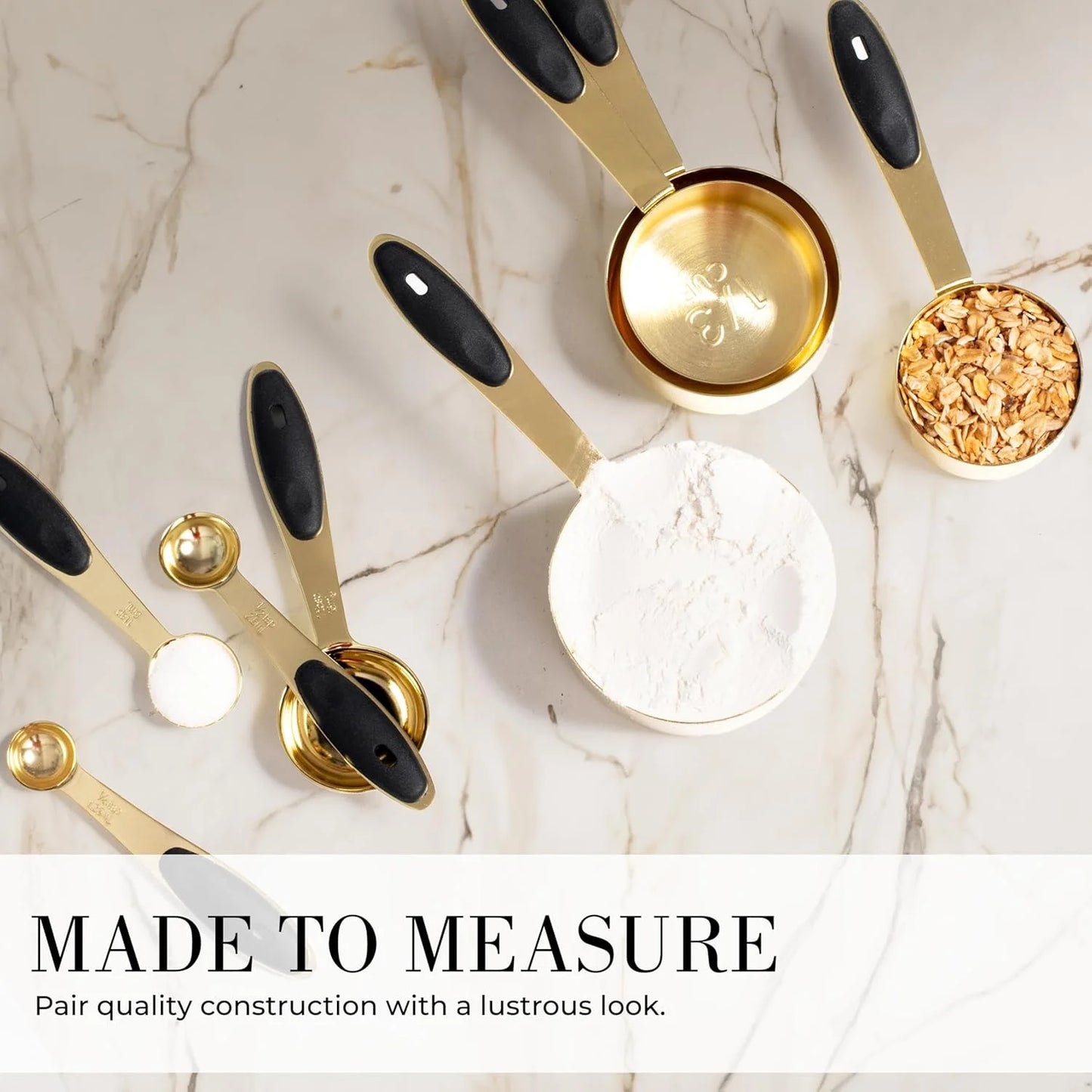 Black and Gold Measuring Cups and Spoons Set – 8-Piece Stainless Steel Kitchen Set for Precise Cooking and Baking