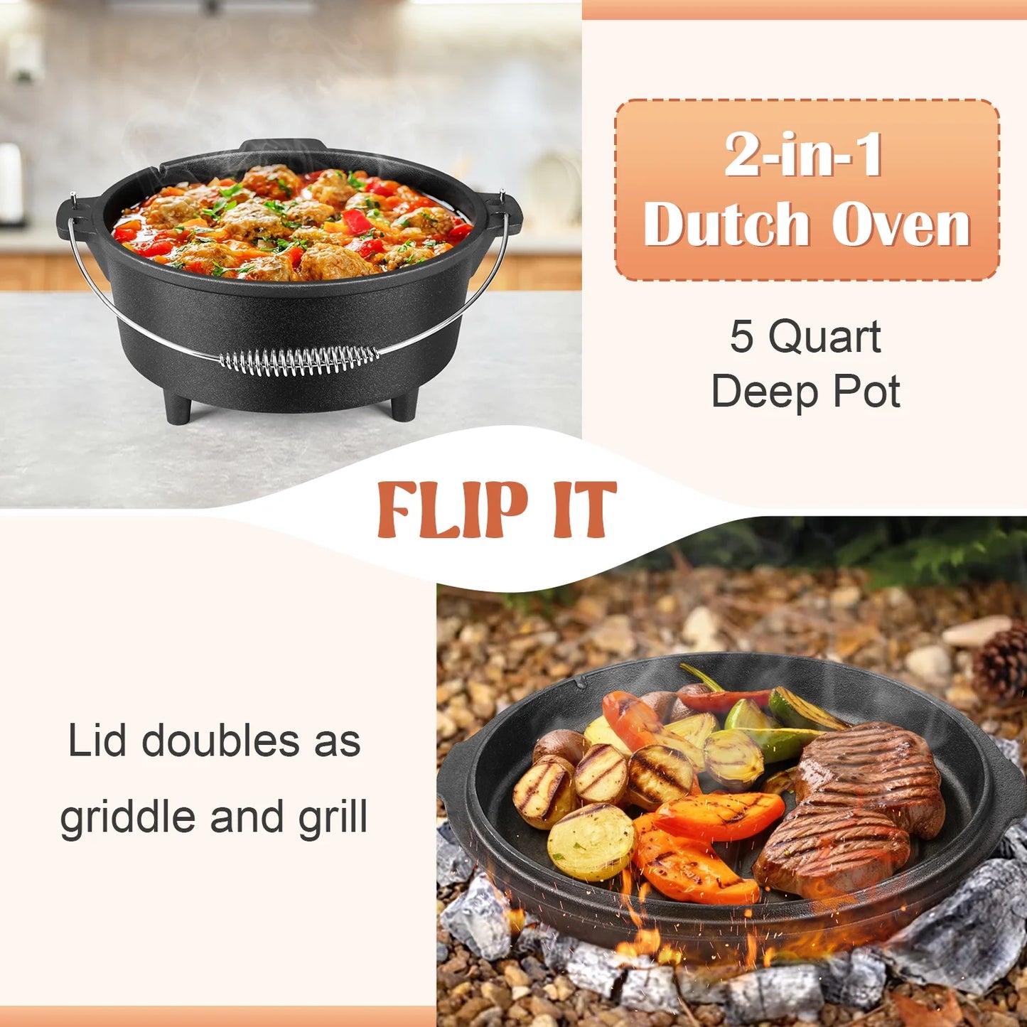 5 QT Cast Iron Dutch Oven, 2 in 1 Pre-Seasoned Camping Pot with Reversible Lid and Lid Lifter Handle, Multifunctional Cookware Pot for Camping Cooking BBQ Baking