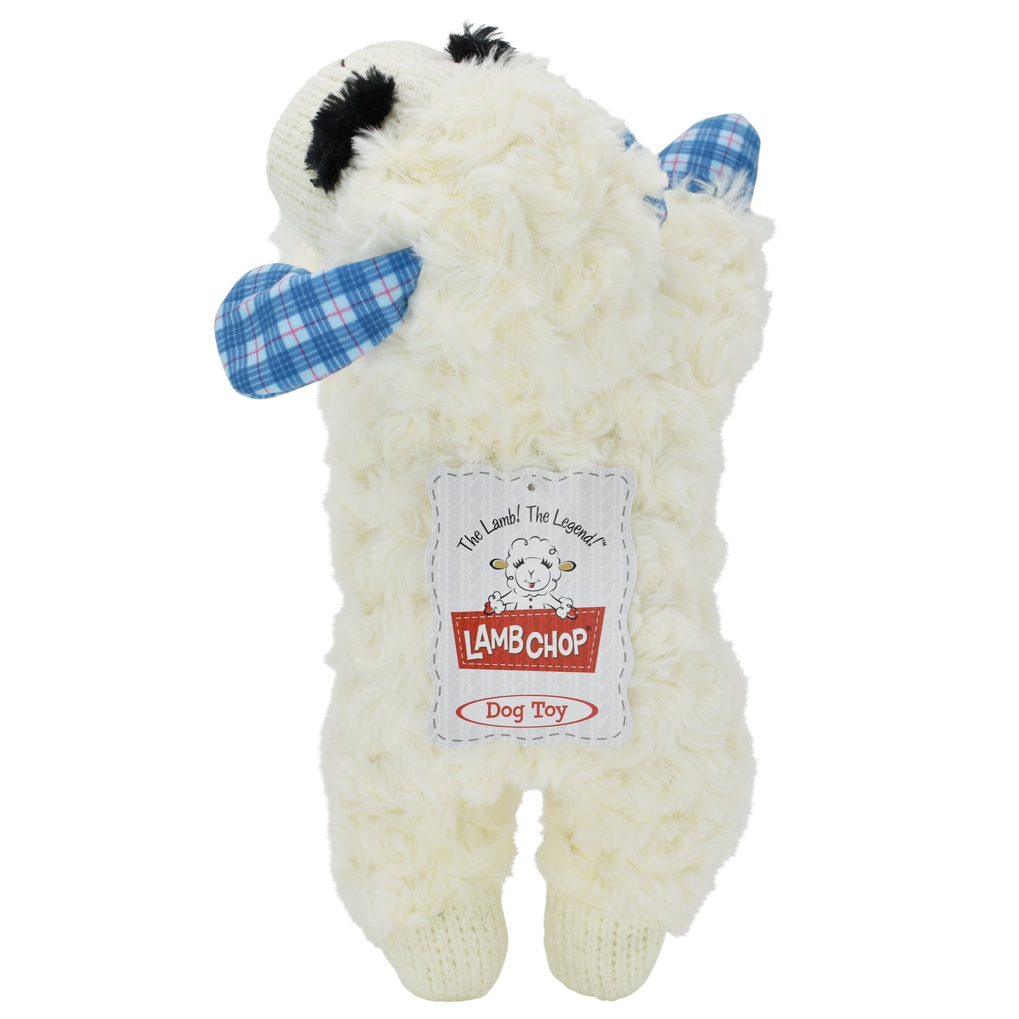Medium Lamb Chop Dog Toy with Blue Plaid Ears and Paws, Featuring Squeaker