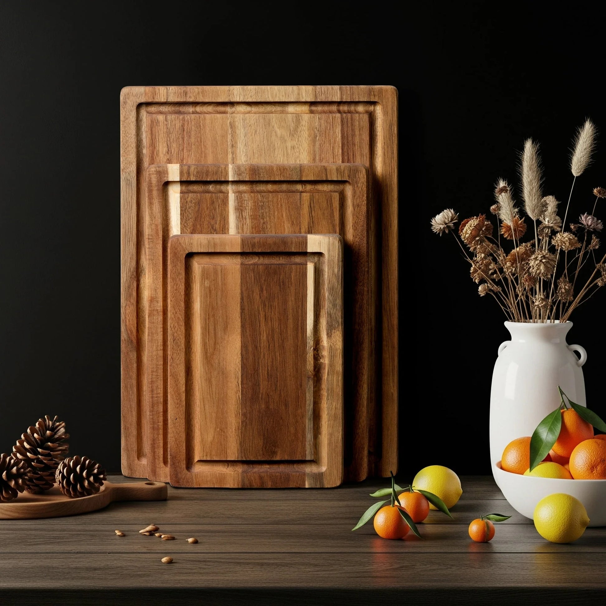 Acacia Wood Cutting Board, Cutting Board Set of 3 with Juice Groove, Wooden Chopping Boards for Kitchen, for Meat & Vegetables