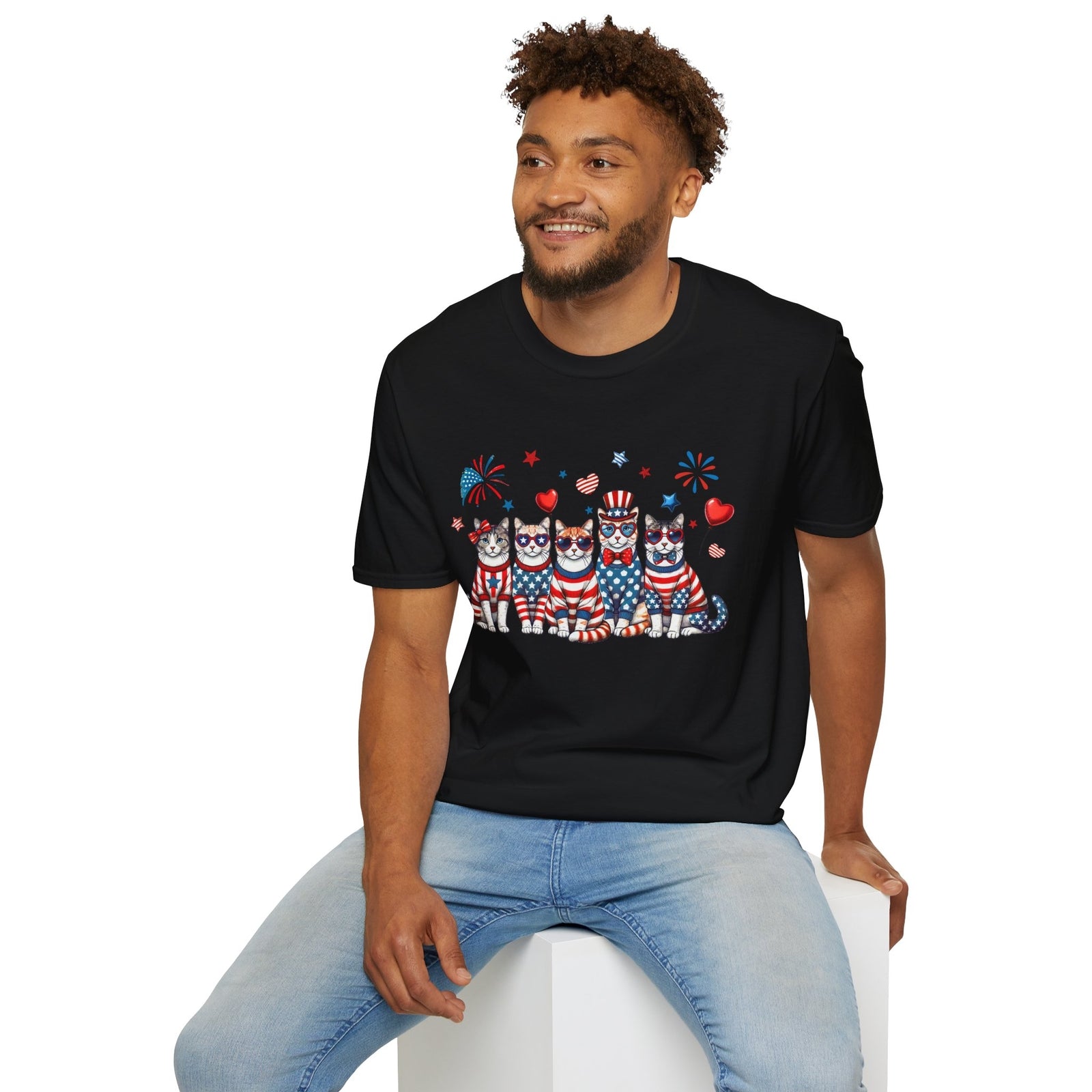 Patriotic Cat Unisex Softstyle T-Shirt for Fourth of July Celebrations