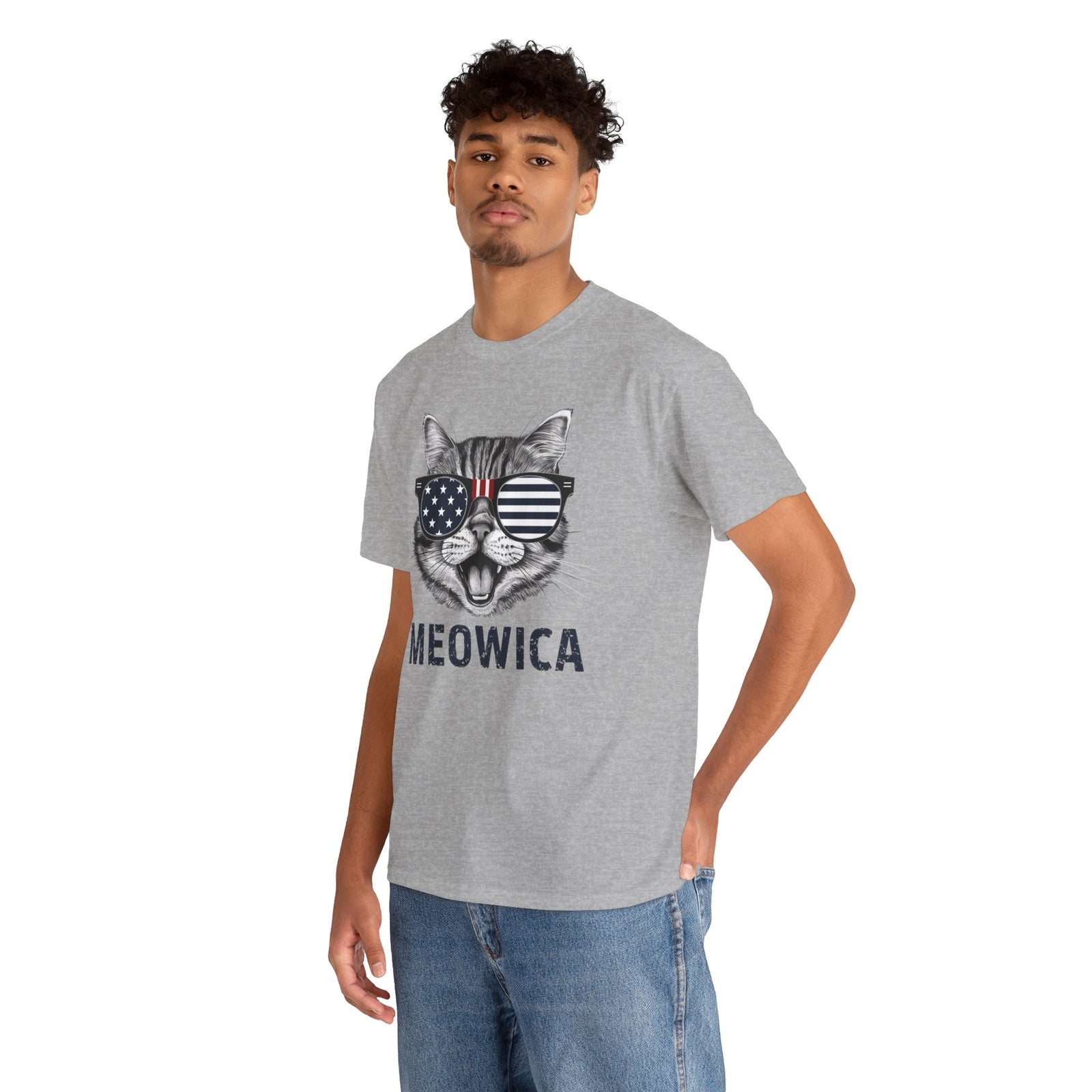 4Th of July Meowica American Flag USA T-Shirt - Novelty Cat Graphic Tee
