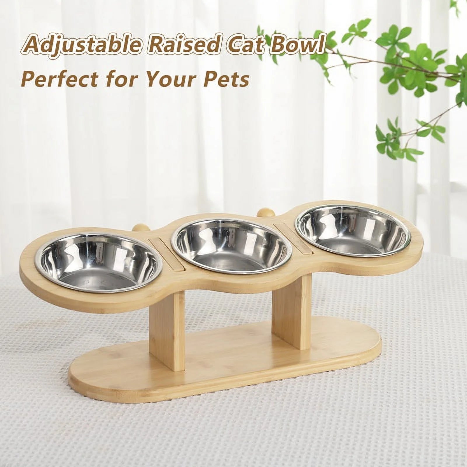 Wooden Elevated Cat Bowls, 15° Tilted Raised Pet Food Bowls, Adjustable Cat Dog Bowl Feeding Station with 3 Stainless Steel Bowls for Cats Puppy Small Dogs Feeder