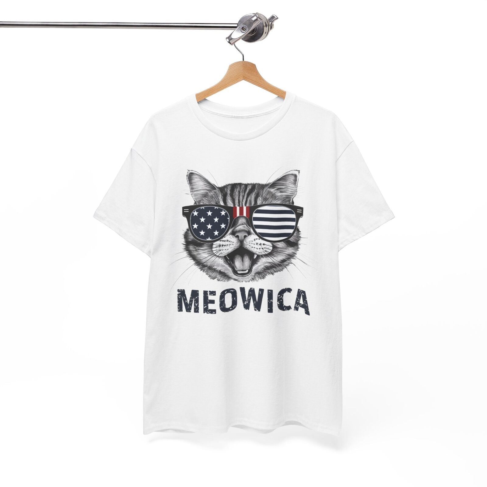 4Th of July Meowica American Flag USA T-Shirt - Novelty Cat Graphic Tee