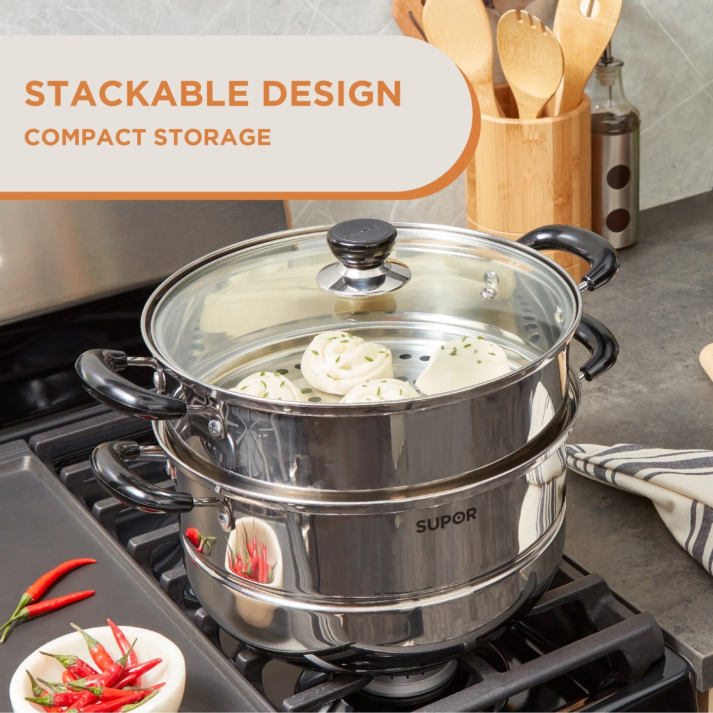 2-Tier Stainless Steel Steamer Pot with Glass Lid, 7.6QT Large, for Dumplings, Seafood, Vegetables & More