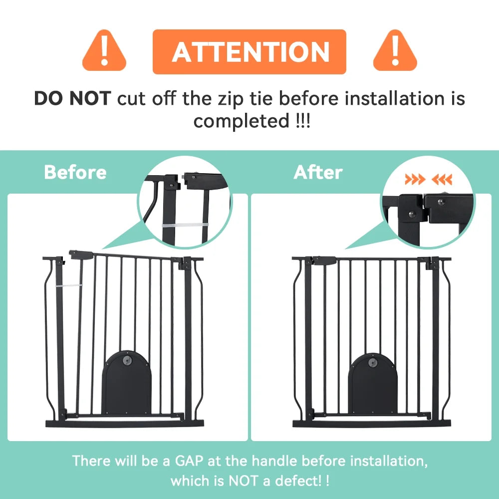 Adjustable Pet Safety Gate with Integrated Cat Door, Pressure-Mounted, Black, 29.5-48.4 Inches Wide