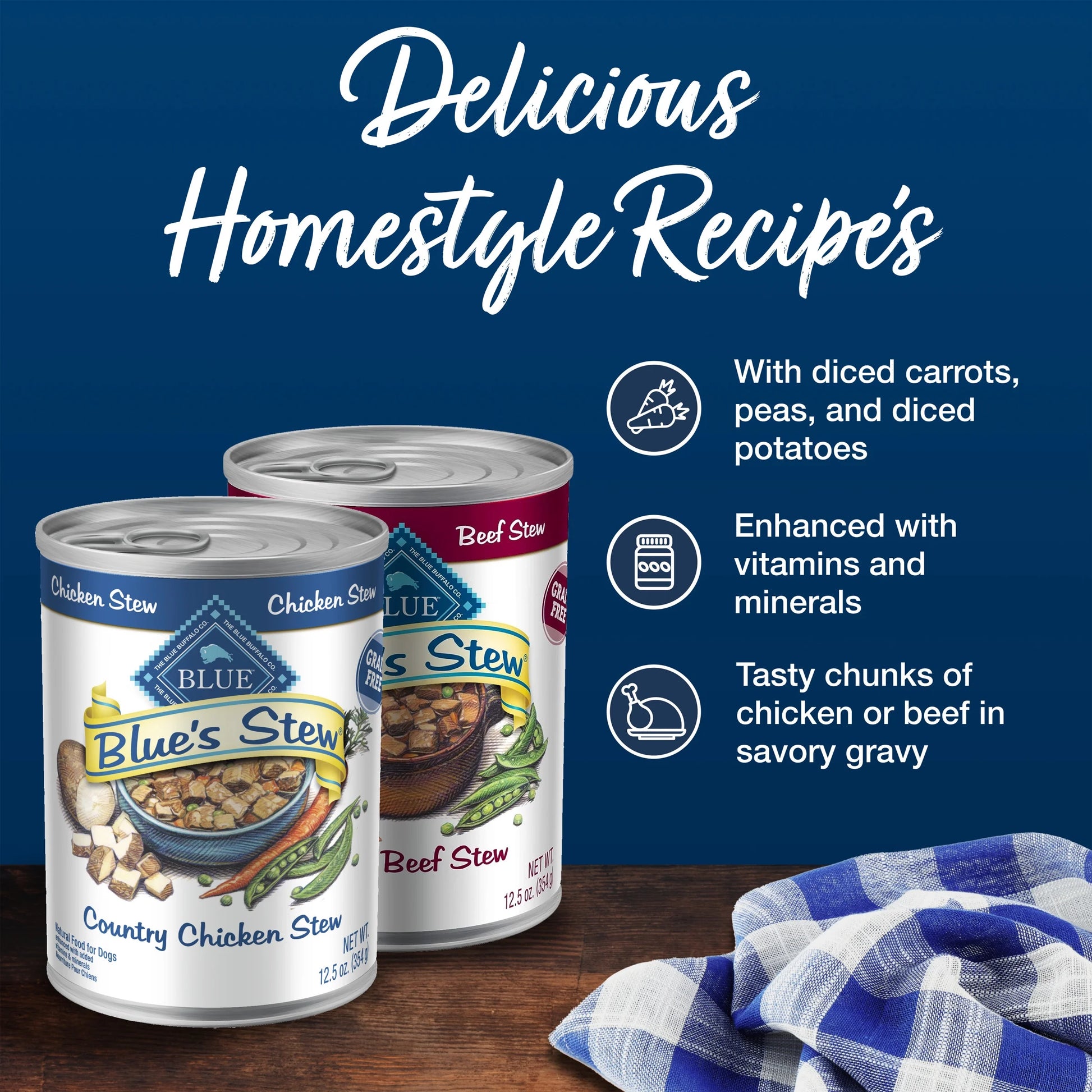 Blue's Stew Natural Wet Dog Food Variety Pack, Hearty Beef and Country Chicken, 12.5 oz Cans (6 Count - 3 of Each Flavor)