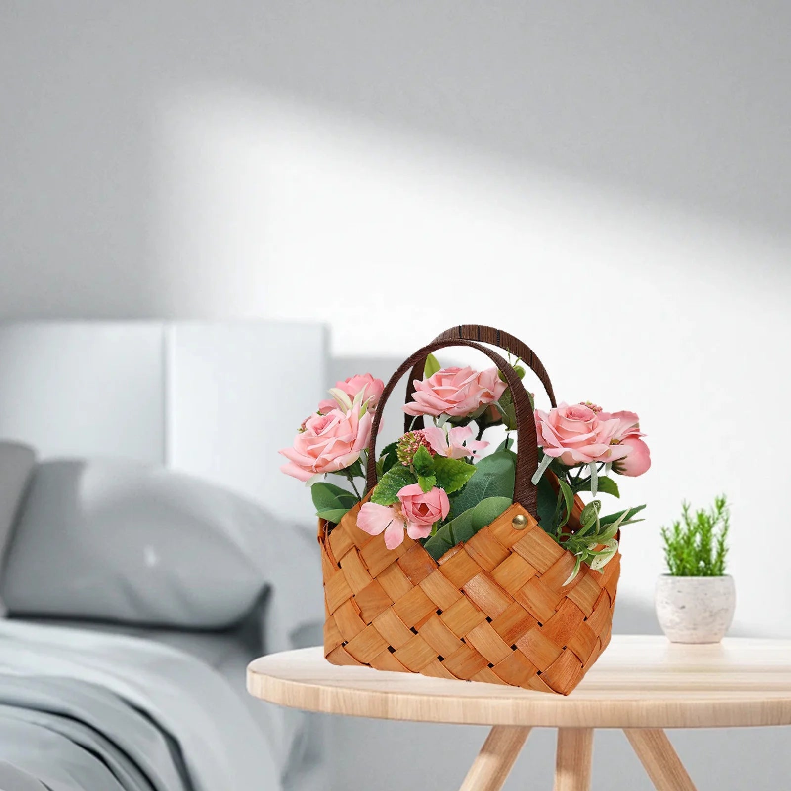 Flower Wicker Basket with Handle,Fake Roses Flowers Suitables for Mother'S Day Gifts,Home Kitchen Wedding Decoration,Handheld Flower Baskets for Wedding