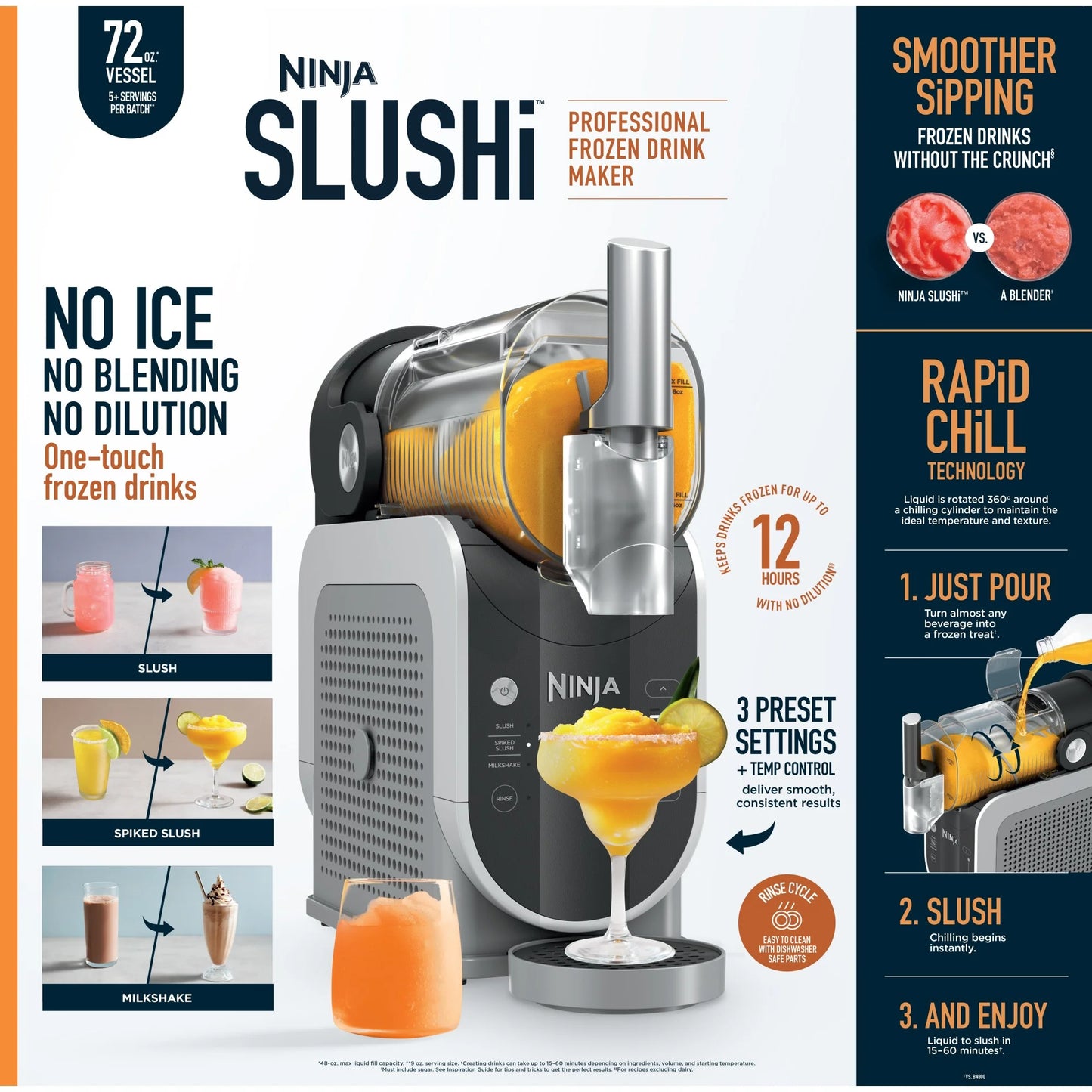 Slushi Frozen Beverage Maker with Rapidchill Technology, 72 Oz Capacity, Three Preset Functions, Dishwasher Safe, Gray