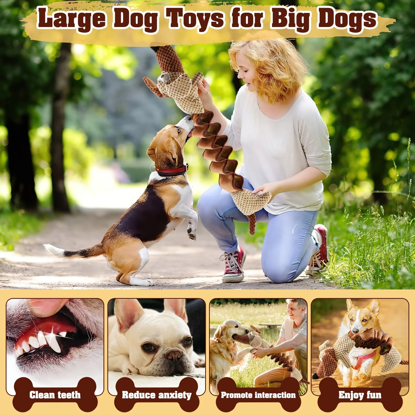 Stretchy Squeaky Plush Dog Toy with Crinkle - No Battery Chew Toy for All Breed Sizes, Durable Pull Play Design